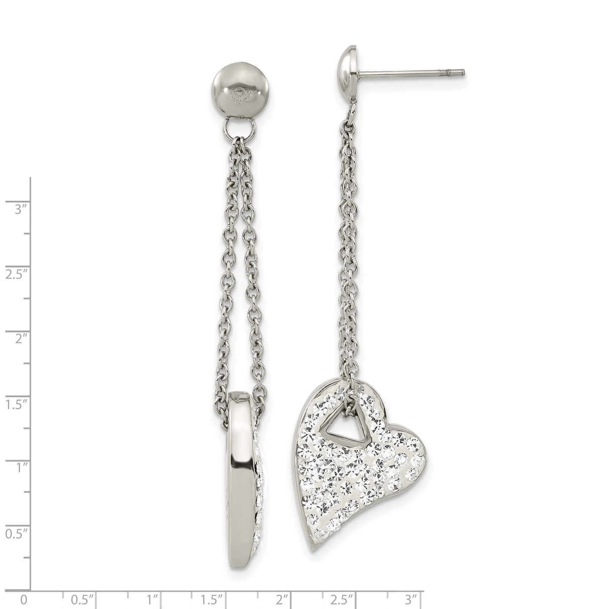 Stainless Steel Dangle Earrings with Crystal Open Heart Pendant, Asymmetrical Romantic Style