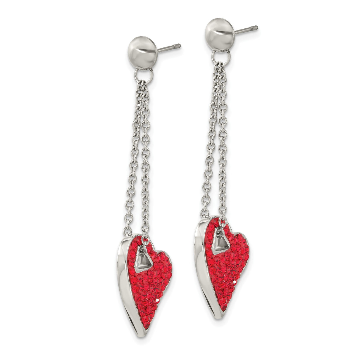 Stainless Steel Dangle Earrings with Red Crystal Heart Charms, Asymmetrical Drop Design