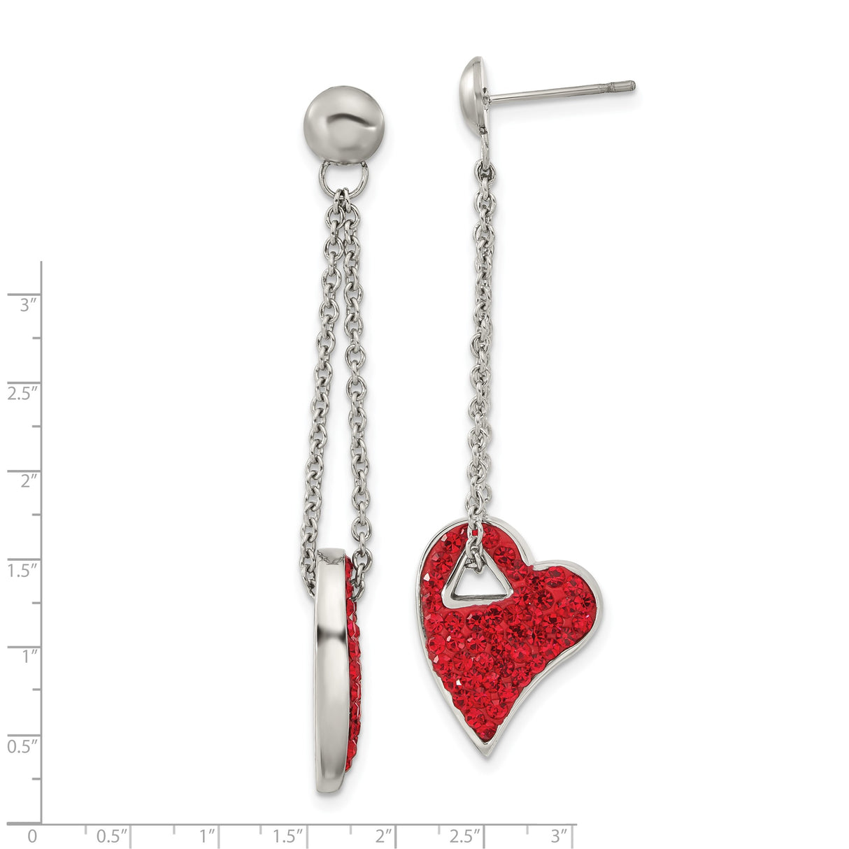 Stainless Steel Dangle Earrings with Red Crystal Heart Charms, Asymmetrical Drop Design