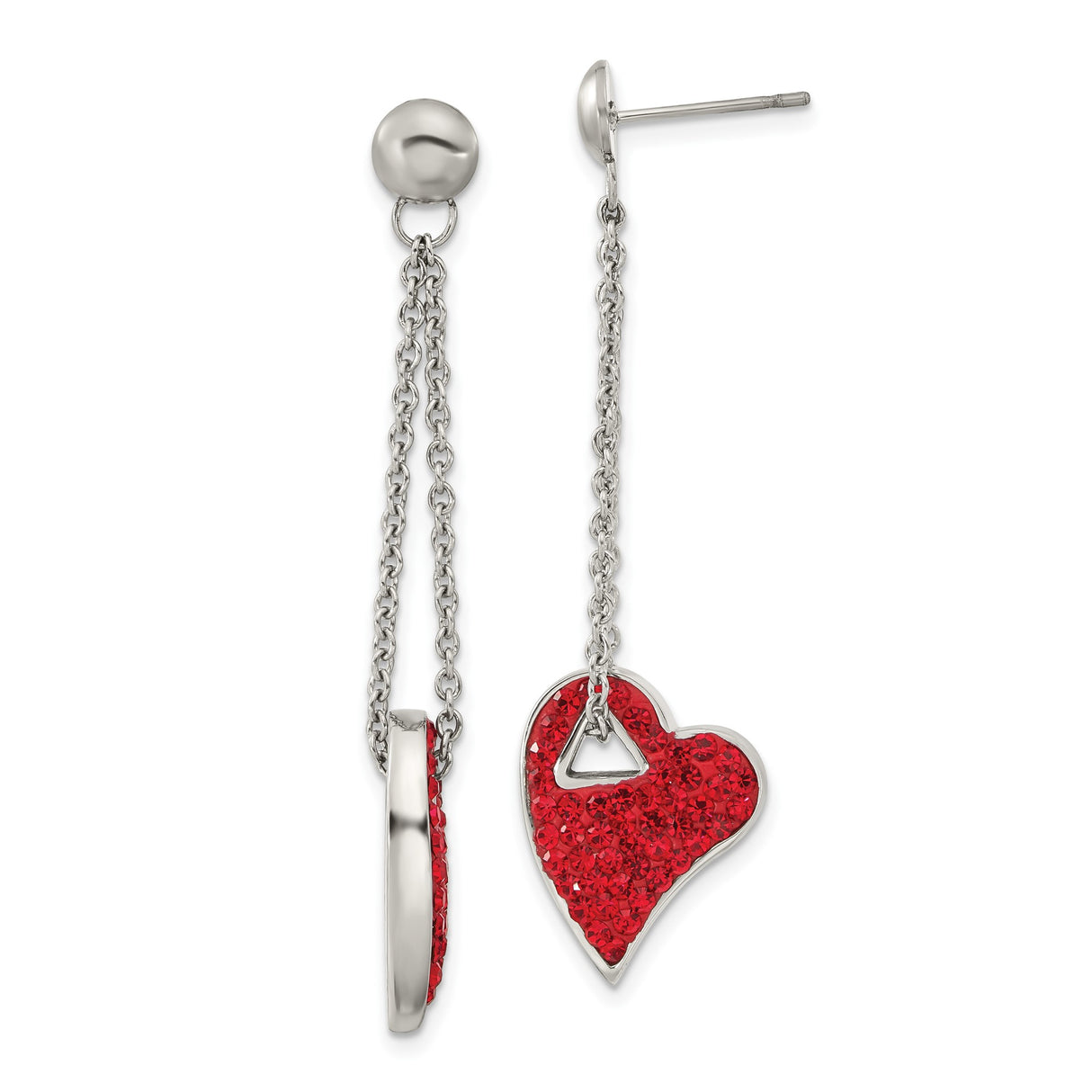Stainless Steel Dangle Earrings with Red Crystal Heart Charms, Asymmetrical Drop Design