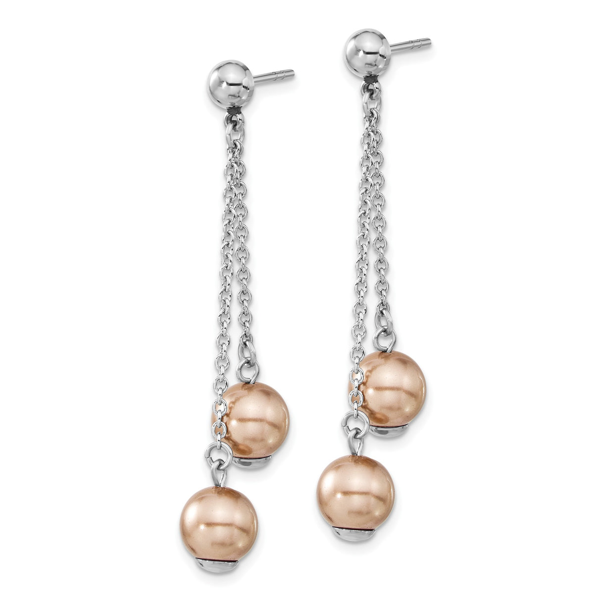Stainless Steel Dangle Earrings with Simulated Pearl and Dual Chains, Rose Gold Tone Beaded Accents