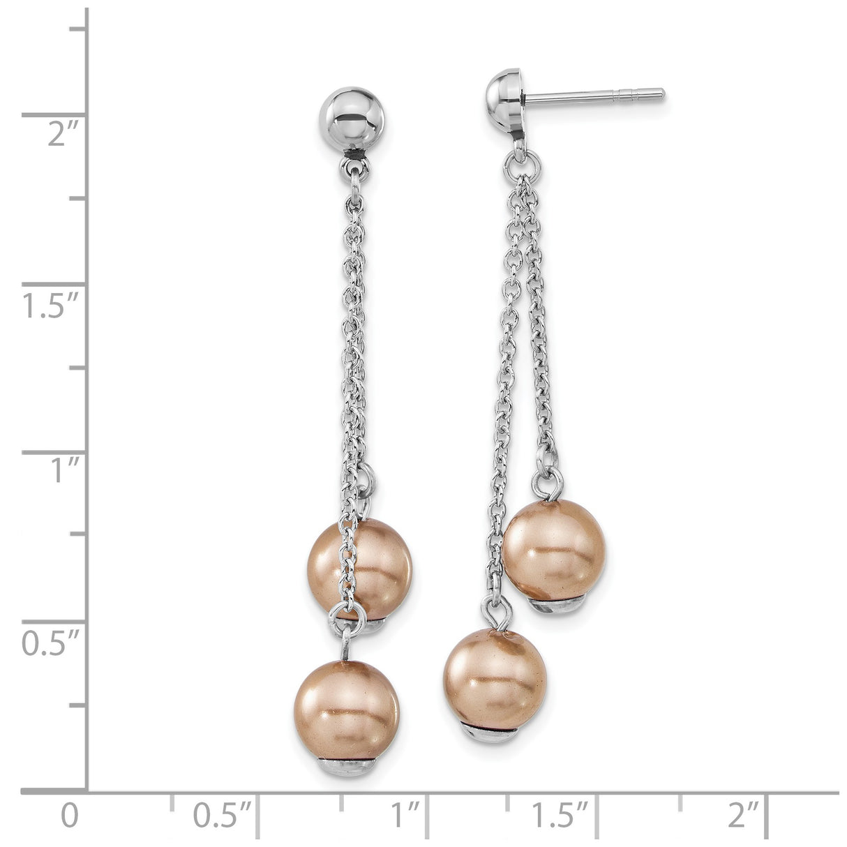 Stainless Steel Dangle Earrings with Simulated Pearl and Dual Chains, Rose Gold Tone Beaded Accents