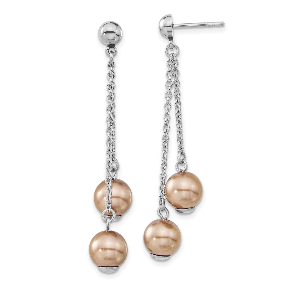 Stainless Steel Dangle Earrings with Simulated Pearl and Dual Chains, Rose Gold Tone Beaded Accents