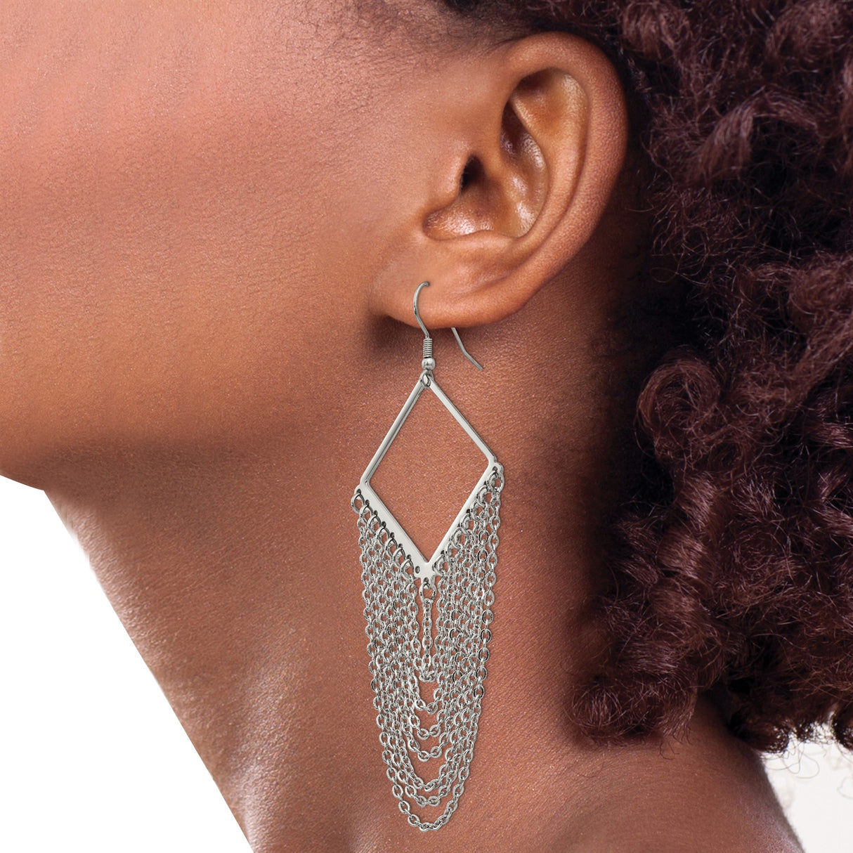 Stainless Steel Dangle Earrings with Long Geometric Diamond Frame and Chain Fringe Design