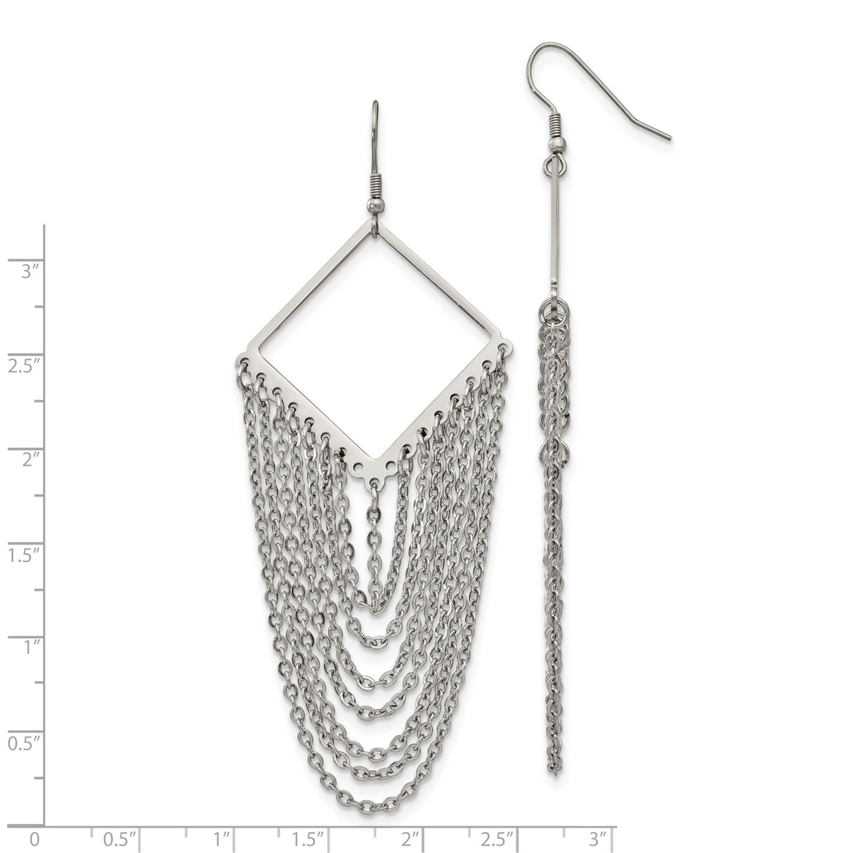 Stainless Steel Dangle Earrings with Long Geometric Diamond Frame and Chain Fringe Design