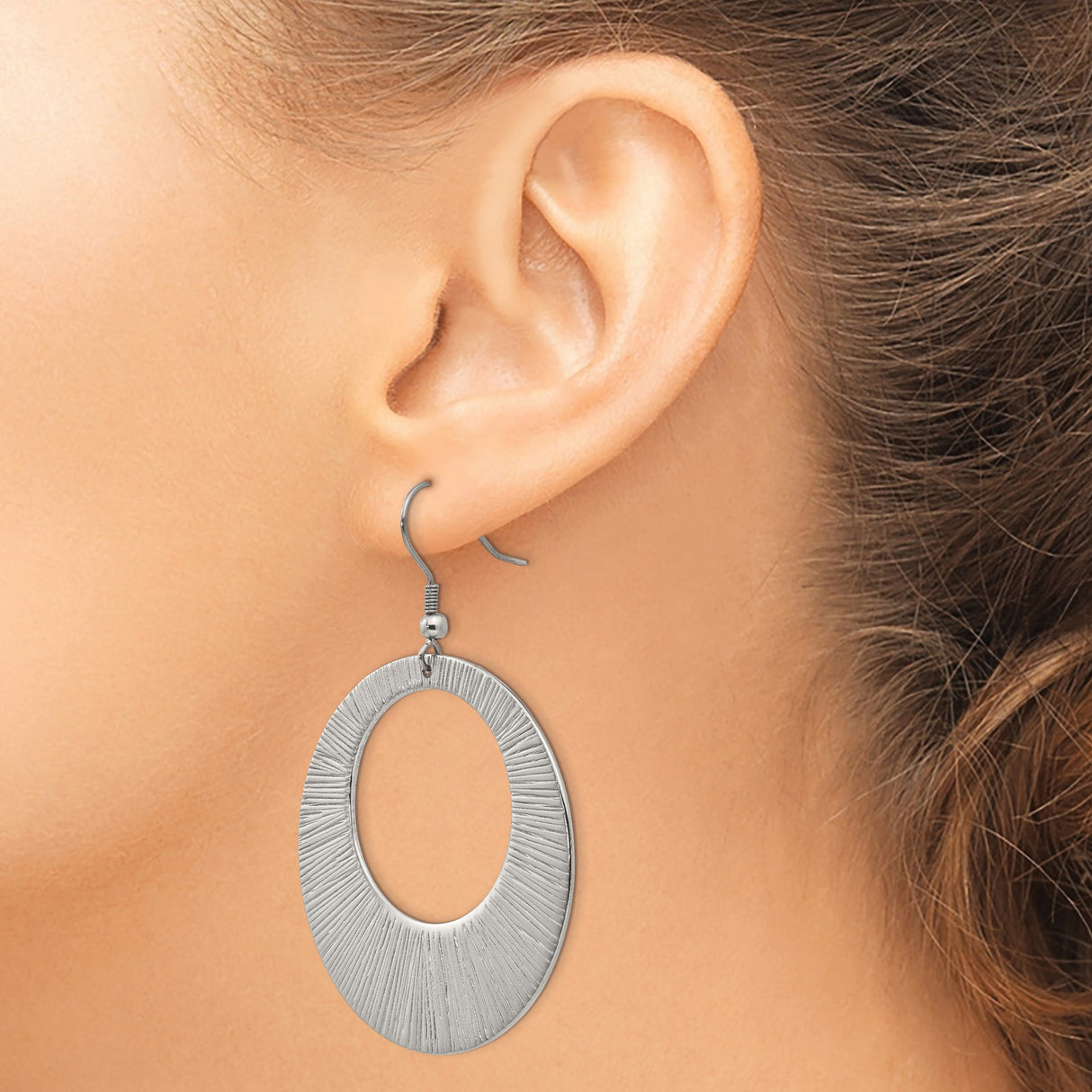 Stainless Steel Dangle Earrings, Large Open Circle with Etched Texture, Sunburst Design