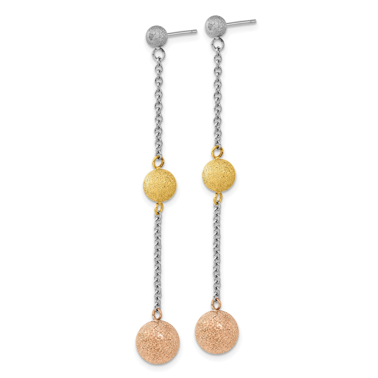 Stainless Steel Dangle Earrings with Long Drop Chains and Tri-Color Textured Spheres