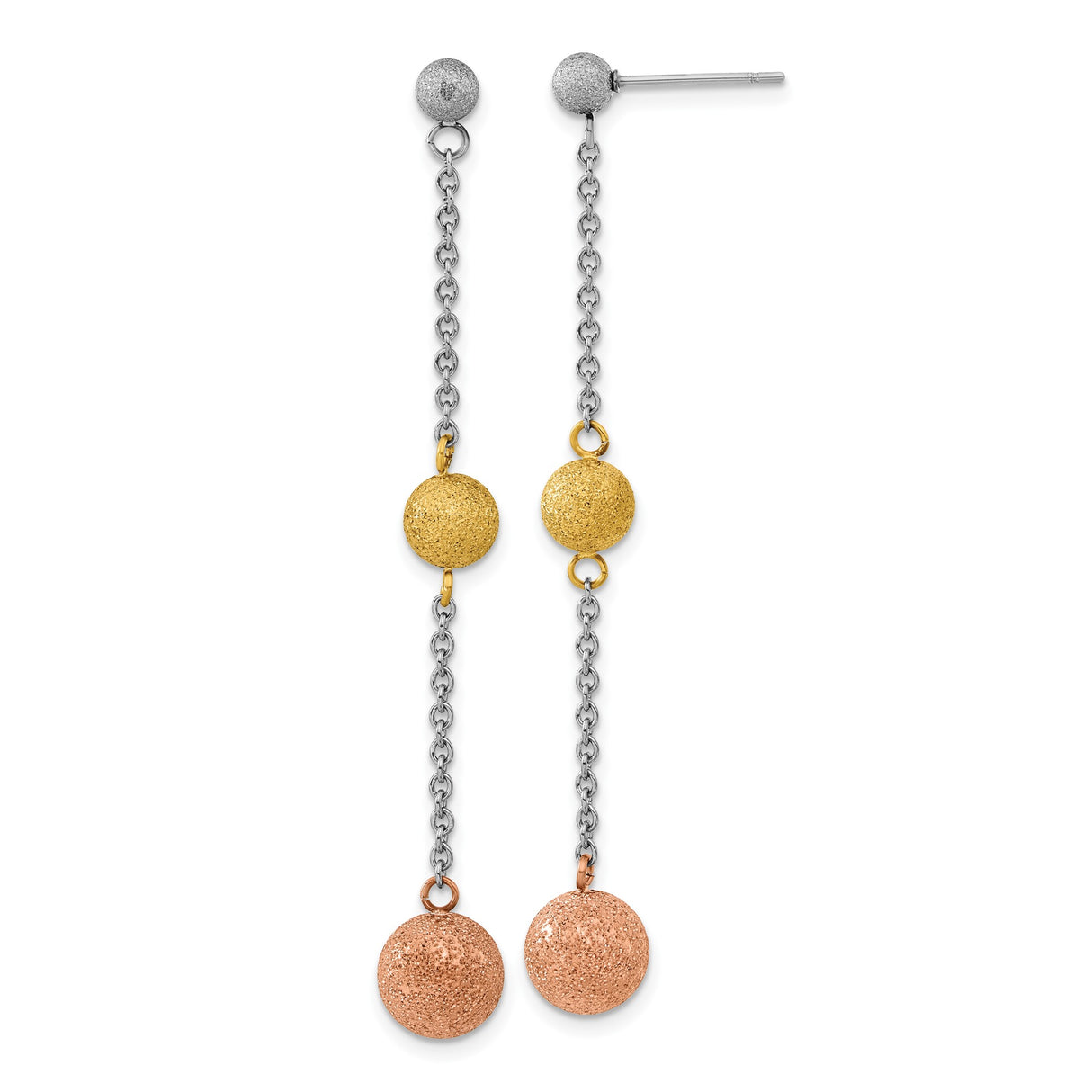 Stainless Steel Dangle Earrings with Long Drop Chains and Tri-Color Textured Spheres