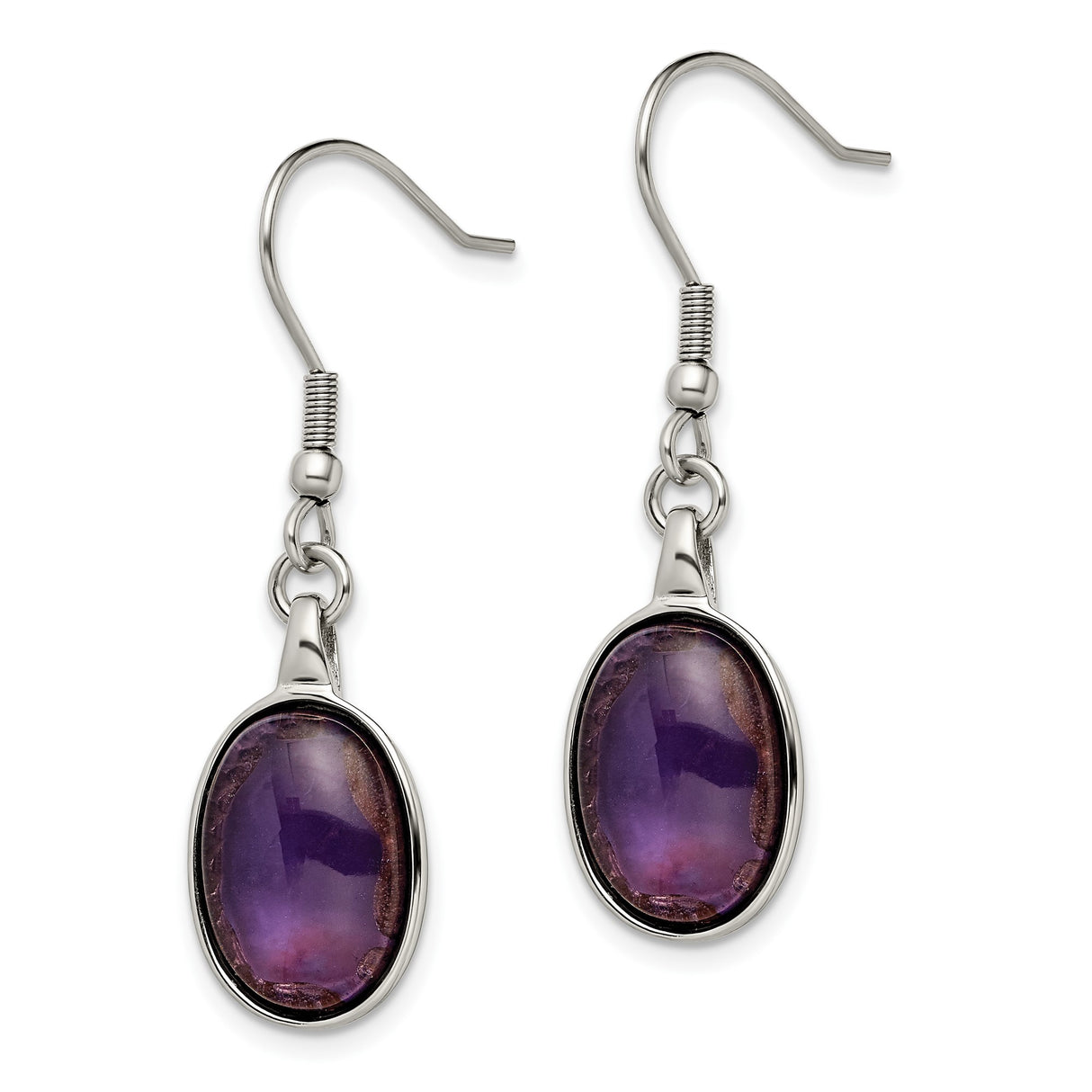 Stainless Steel Dangle Earrings with Created Amethyst Oval Cabochon in Bezel Setting