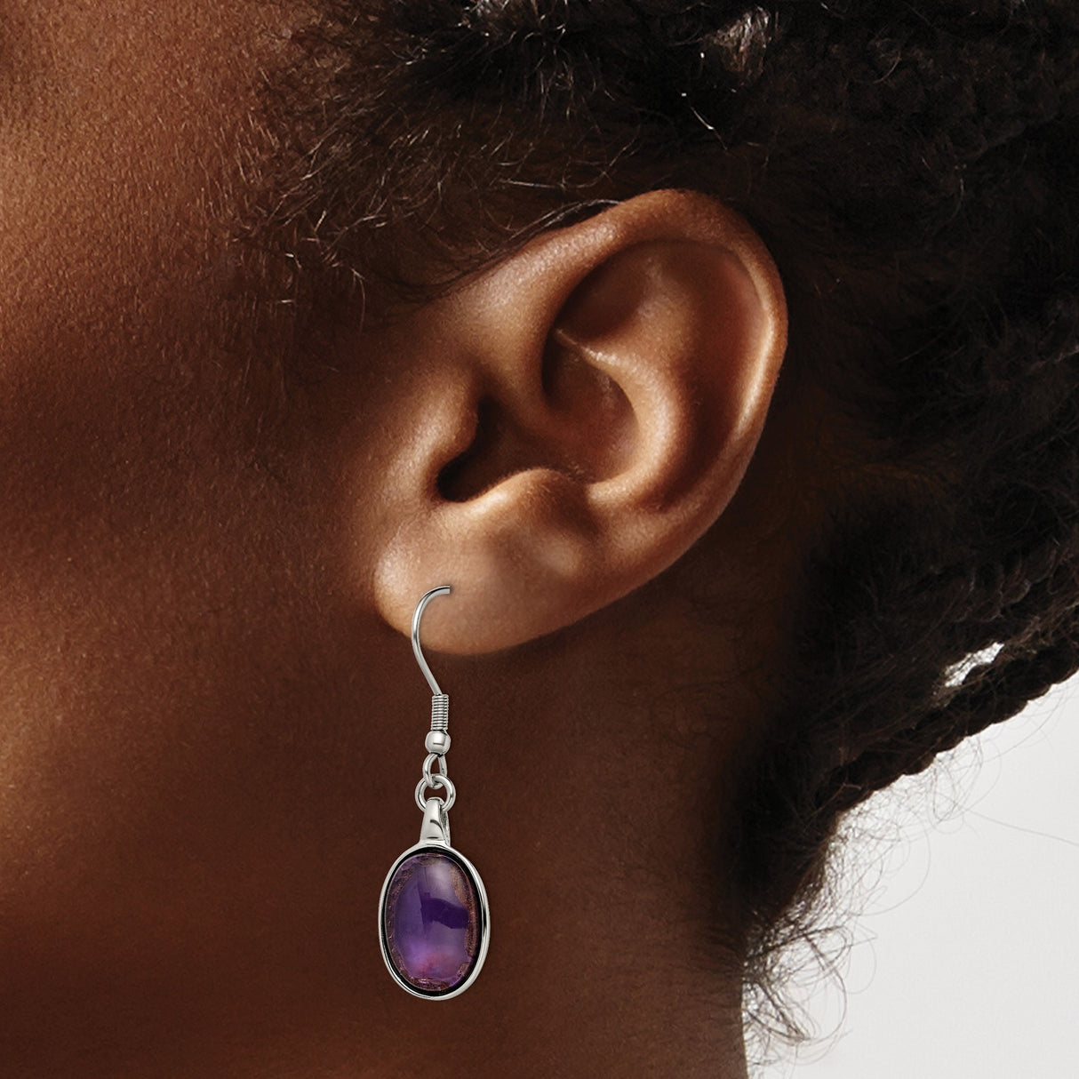 Stainless Steel Dangle Earrings with Created Amethyst Oval Cabochon in Bezel Setting