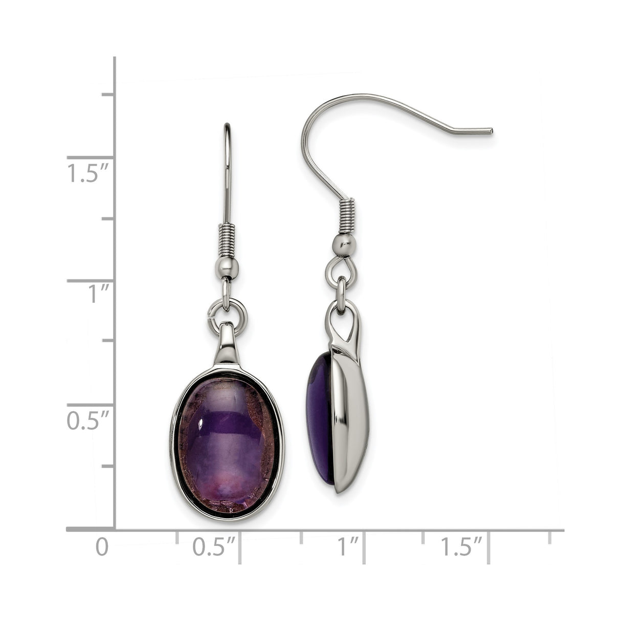 Stainless Steel Dangle Earrings with Created Amethyst Oval Cabochon in Bezel Setting