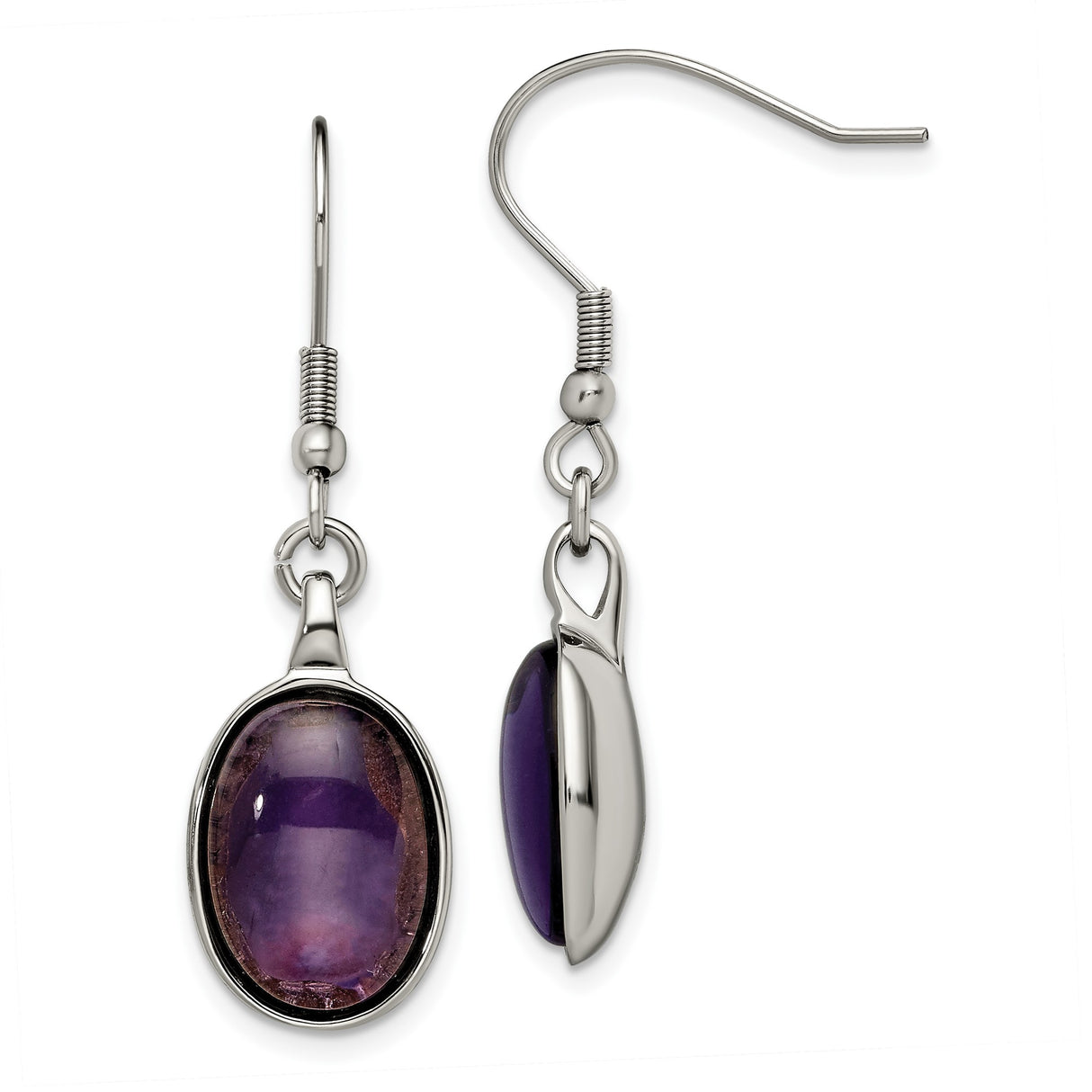 Stainless Steel Dangle Earrings with Created Amethyst Oval Cabochon in Bezel Setting