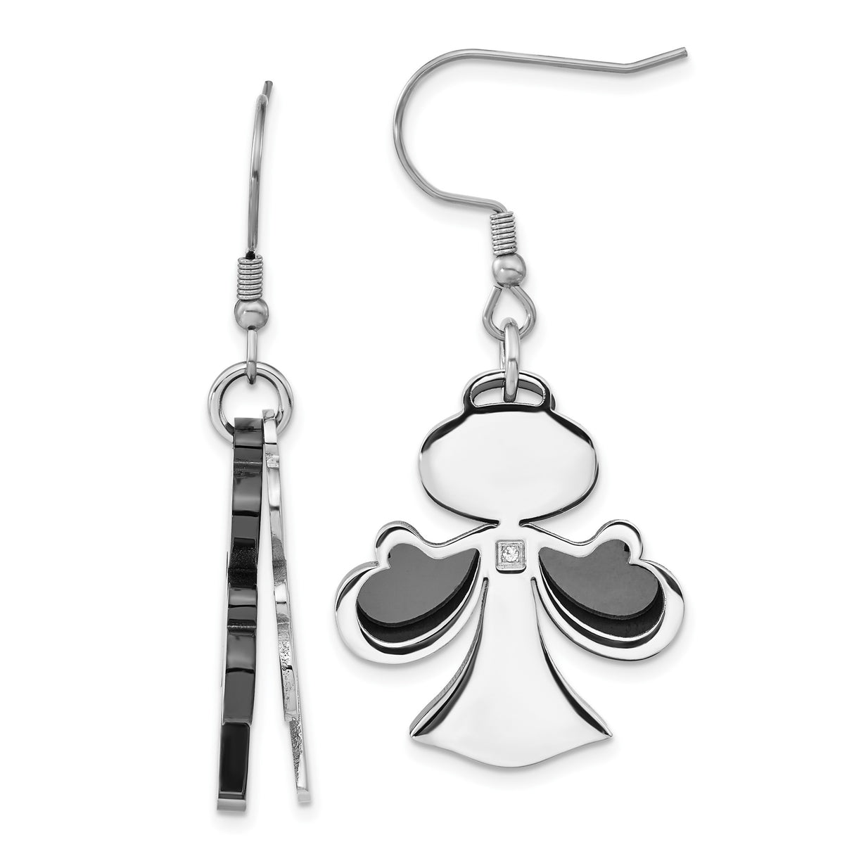 Stainless Steel Angel Earrings with Cubic Zirconia and Black Wing Design for Women