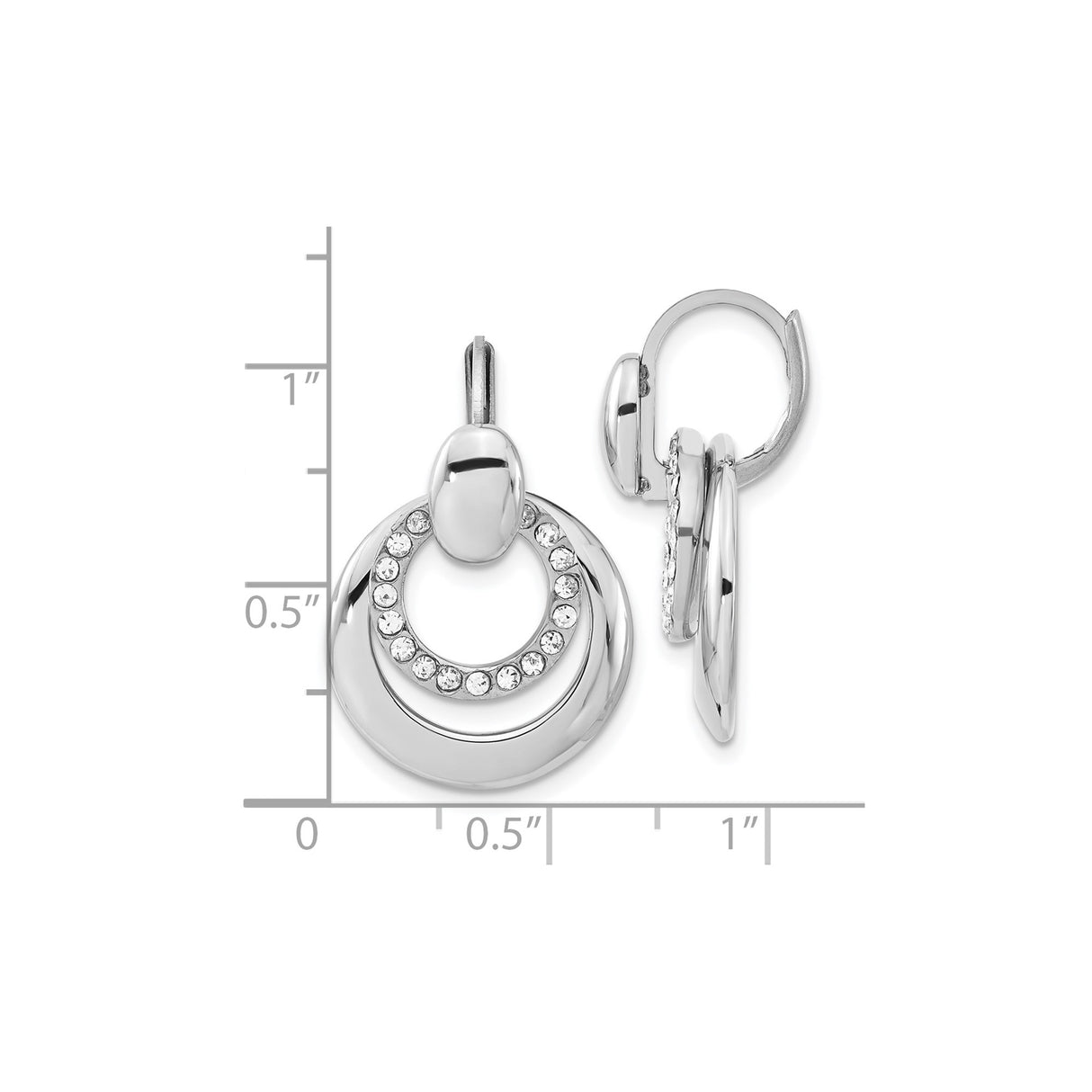 Stainless Steel Hoop Drop Earrings with Cubic Zirconia, Double Circle Design, Leverback Closure