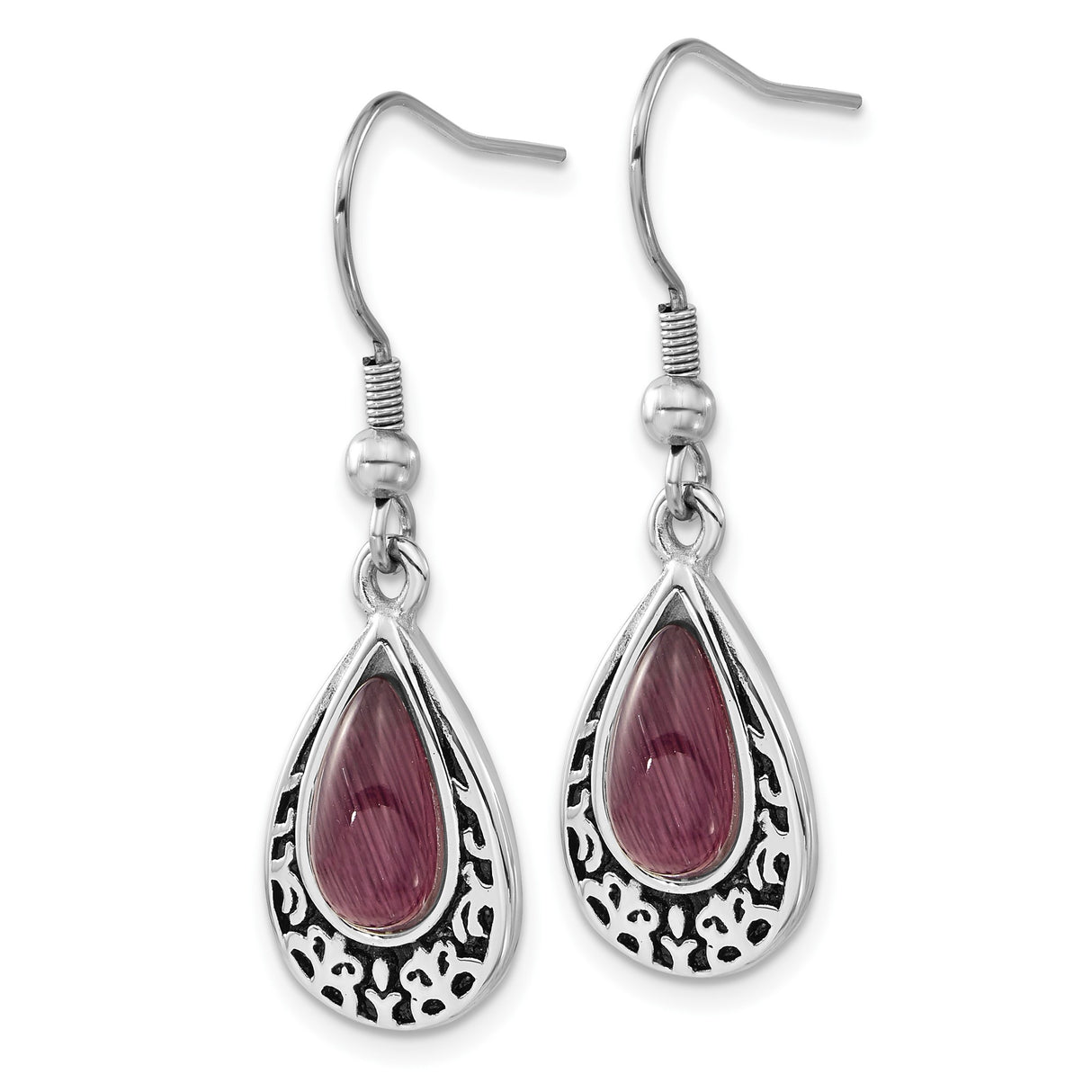 Stainless Steel Dangle Earrings with Purple Cat Eye, Scrollwork, Vintage Boho Gothic Style