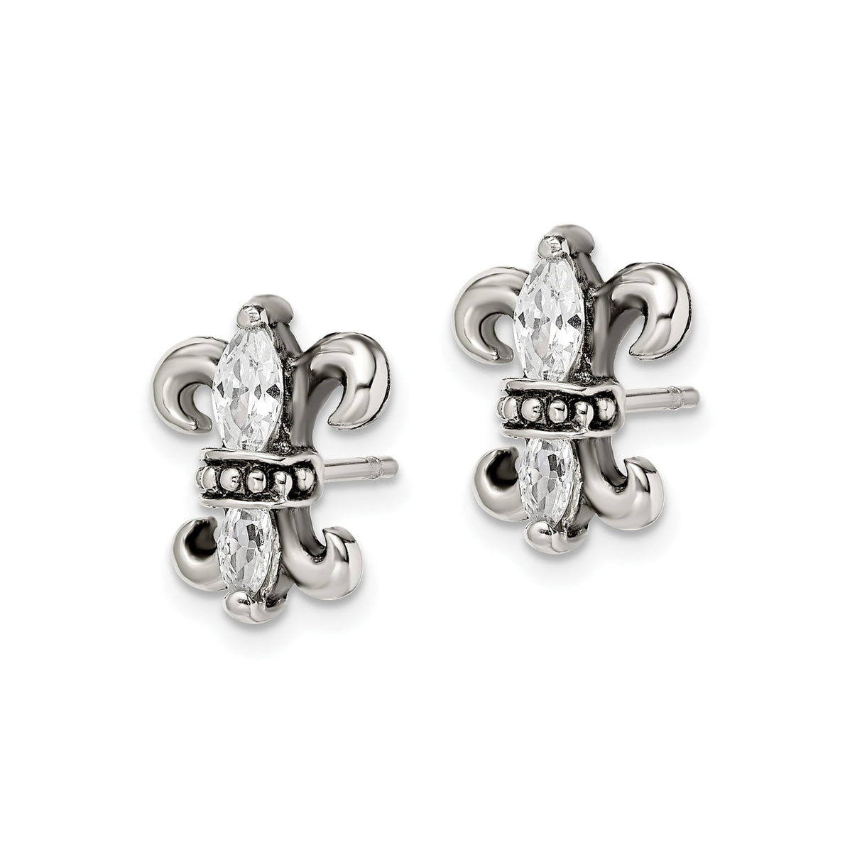 Stainless Steel Stud Earrings with Cubic Zirconia, Fleur de Lis Design, European Style