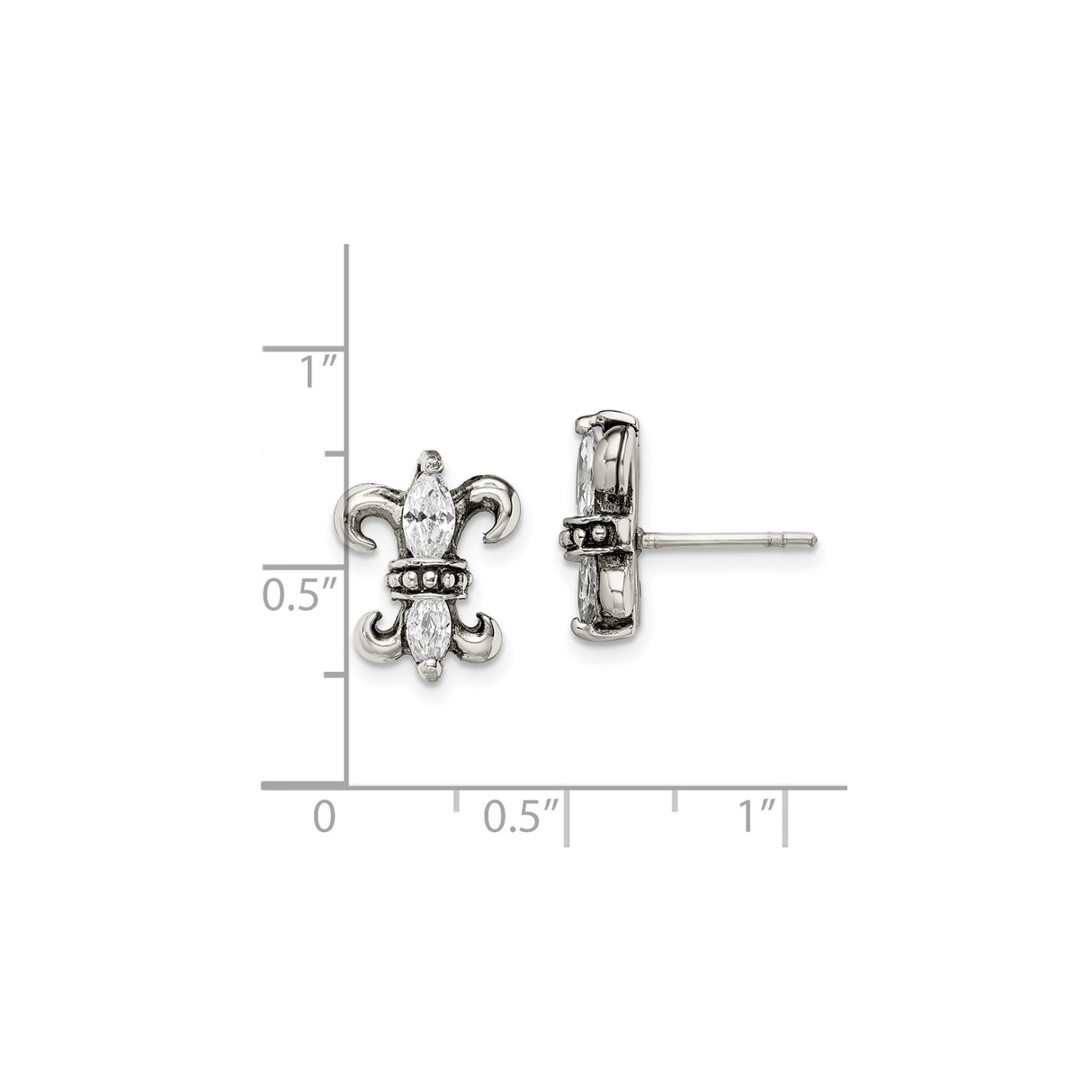 Stainless Steel Stud Earrings with Cubic Zirconia, Fleur de Lis Design, European Style
