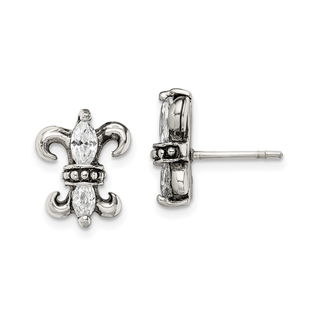 Stainless Steel Stud Earrings with Cubic Zirconia, Fleur de Lis Design, European Style