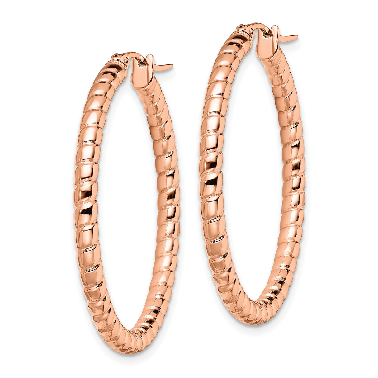 Stainless Steel Hoop Earrings, Rose Gold Tone Twisted Ribbed, Lightweight Modern Style