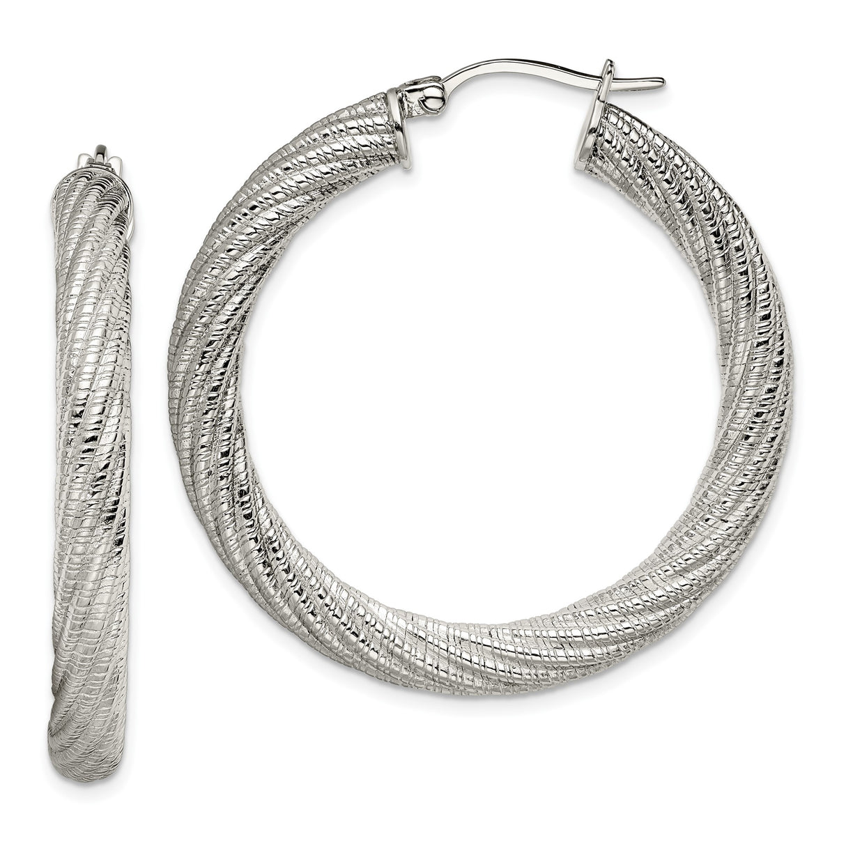 Stainless Steel Hoop Earrings, Twisted Braided Design, Polished Silver Tone Finish
