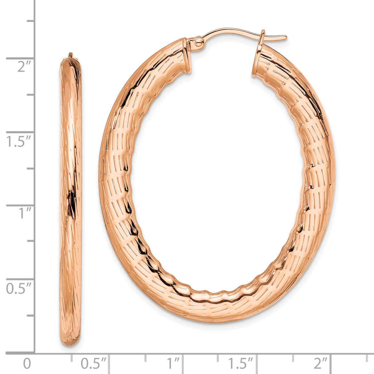 Stainless Steel Hoop Earrings, Large Oval Rose Gold Tone with Hammered Texture for Women