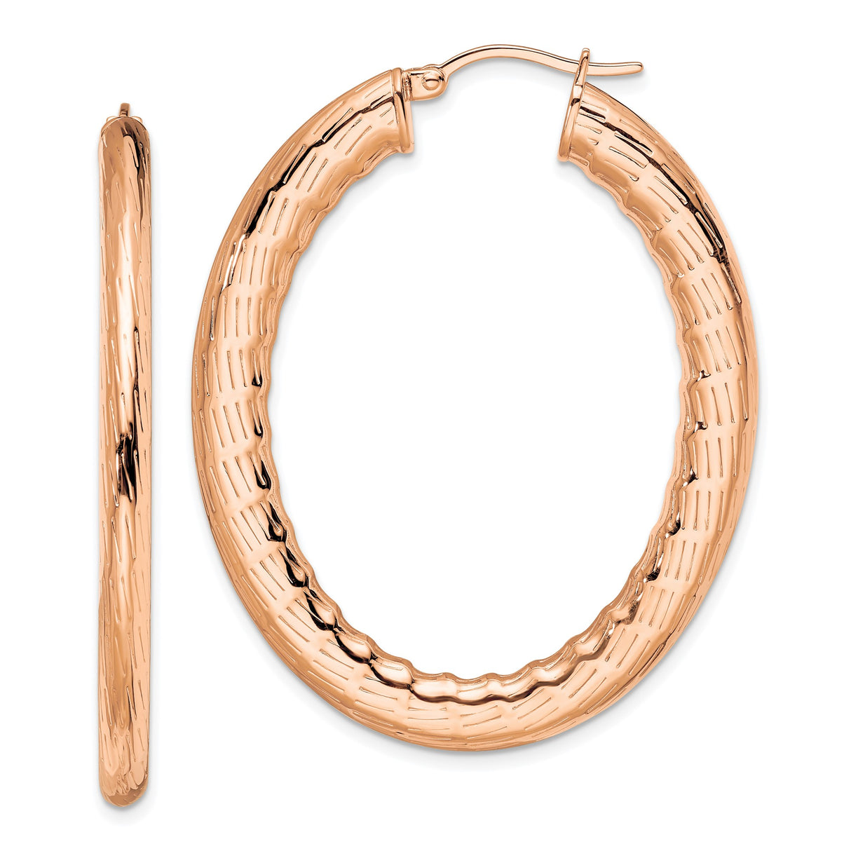 Stainless Steel Hoop Earrings, Large Oval Rose Gold Tone with Hammered Texture for Women