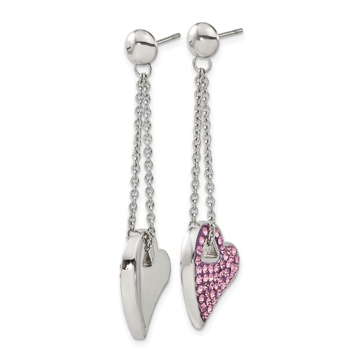 Stainless Steel Heart Dangle Earrings with Pink Crystals, Asymmetrical Drop Design for Women