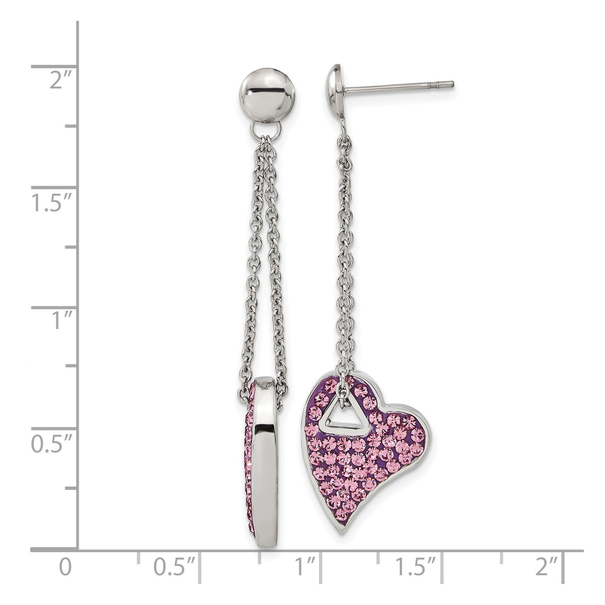 Stainless Steel Heart Dangle Earrings with Pink Crystals, Asymmetrical Drop Design for Women