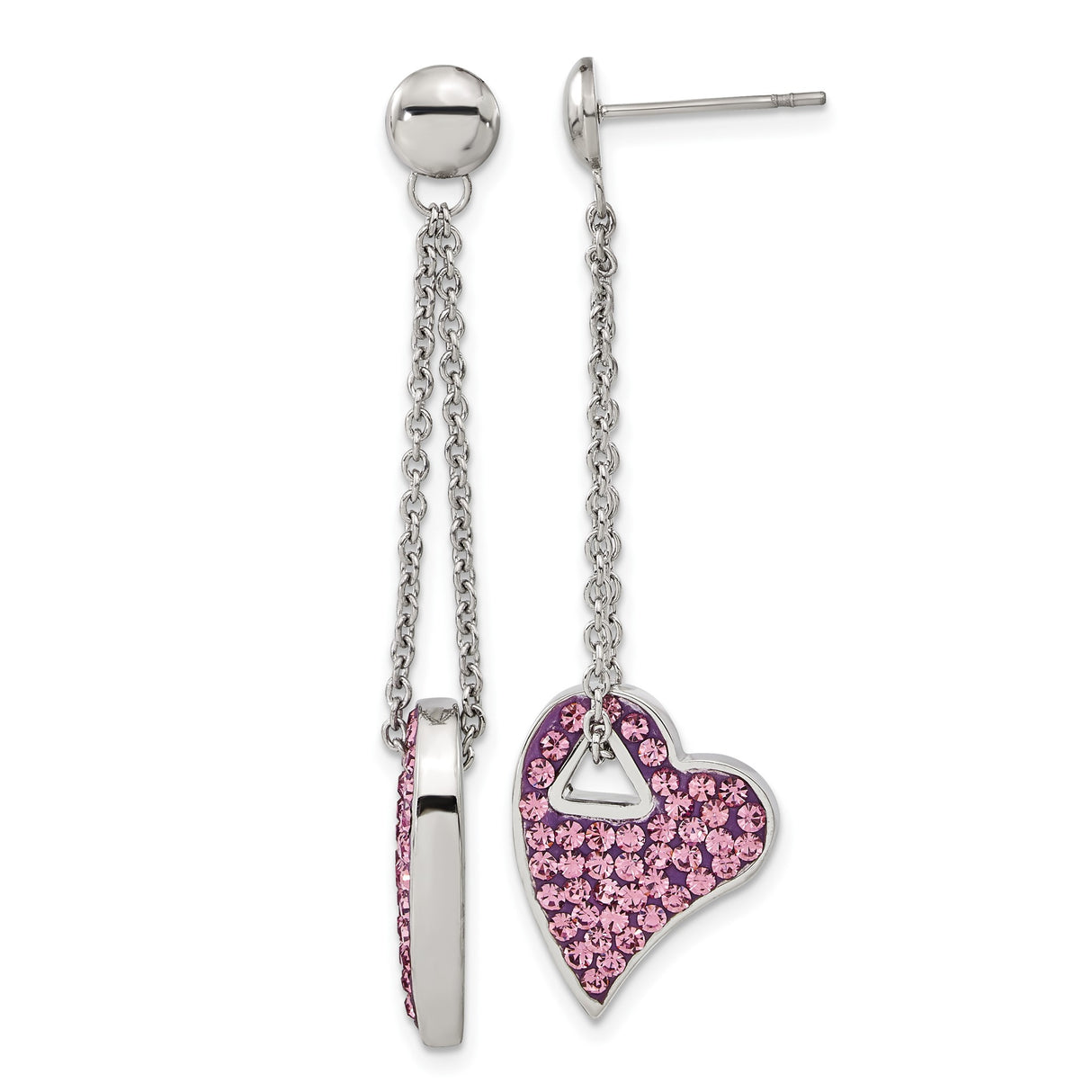 Stainless Steel Heart Dangle Earrings with Pink Crystals, Asymmetrical Drop Design for Women