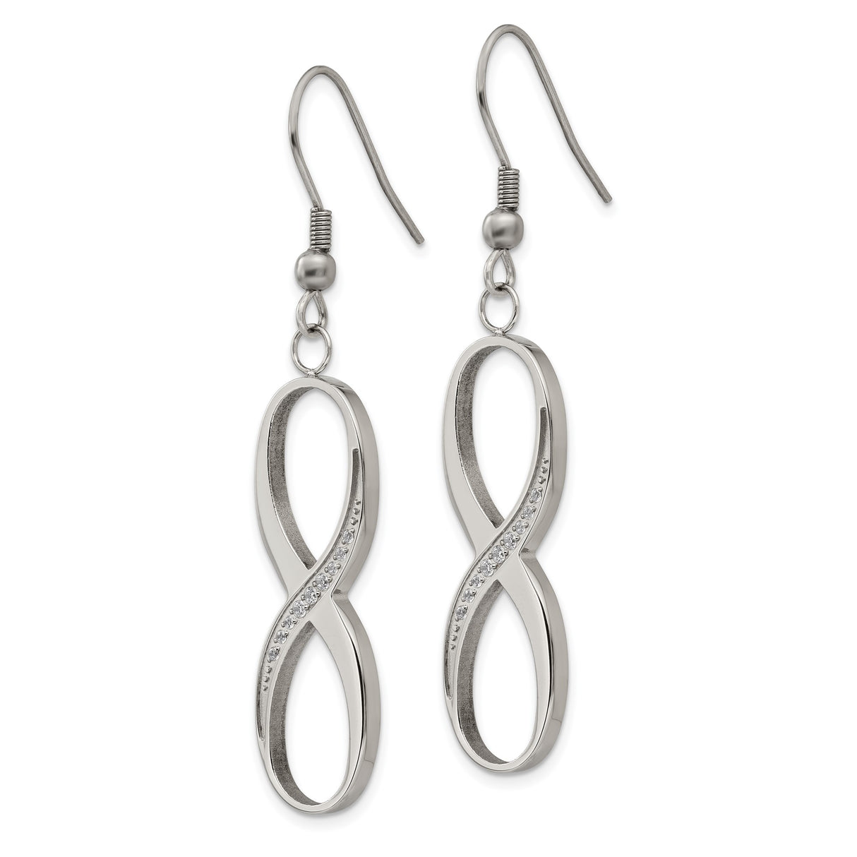 Stainless Steel Dangle Earrings with Cubic Zirconia, Infinity Symbol Drop Design