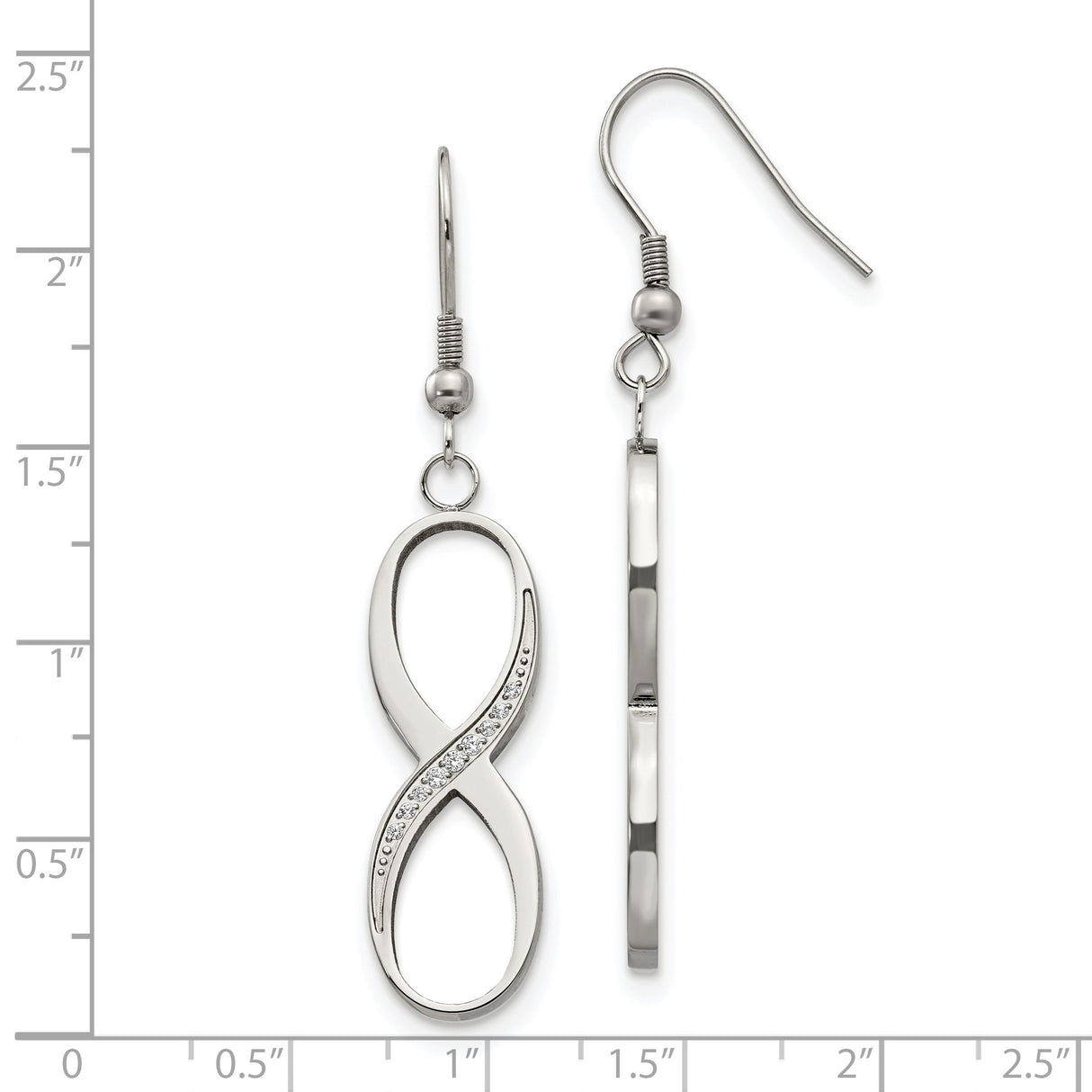 Stainless Steel Dangle Earrings with Cubic Zirconia, Infinity Symbol Drop Design