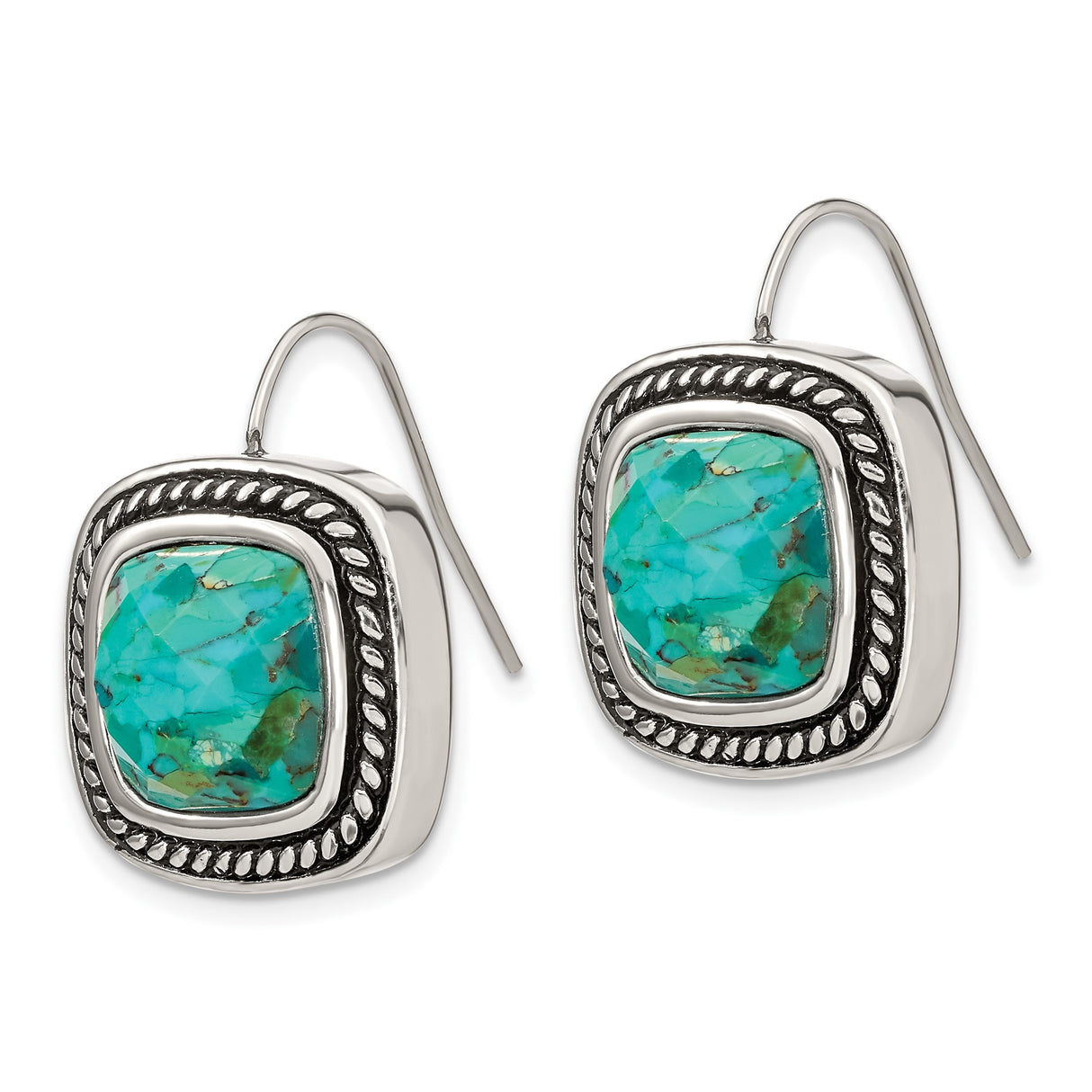 Stainless Steel Drop Earrings with Created Turquoise, Faceted Finish, Boho Southwestern Style