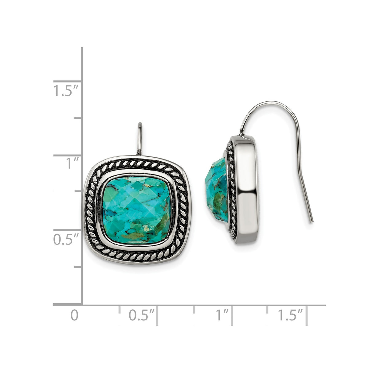 Stainless Steel Drop Earrings with Created Turquoise, Faceted Finish, Boho Southwestern Style
