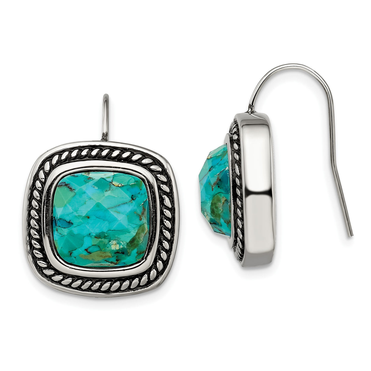 Stainless Steel Drop Earrings with Created Turquoise, Faceted Finish, Boho Southwestern Style