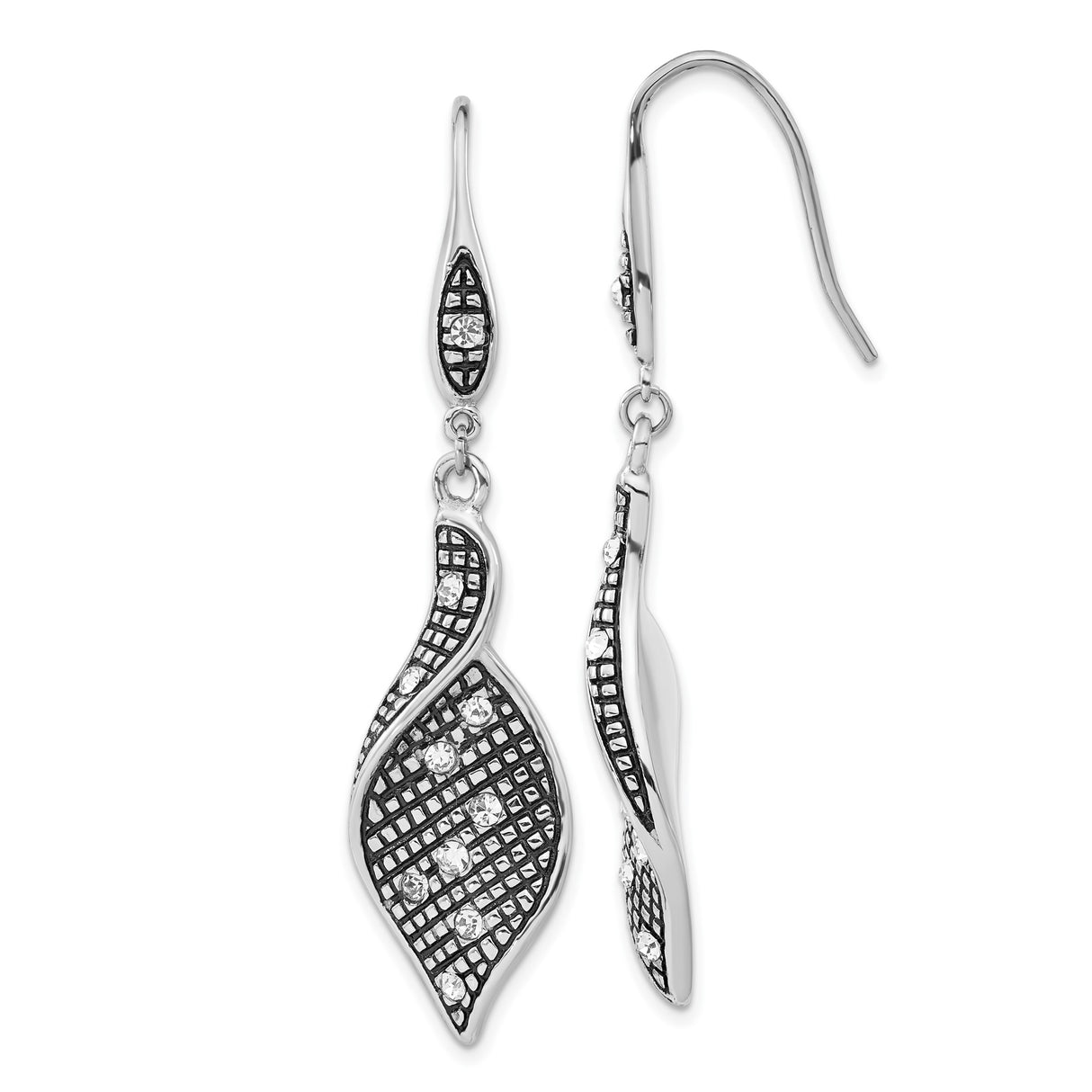 Stainless Steel Dangle Earrings with Clear Crystal, Abstract Wave and Leaf Design