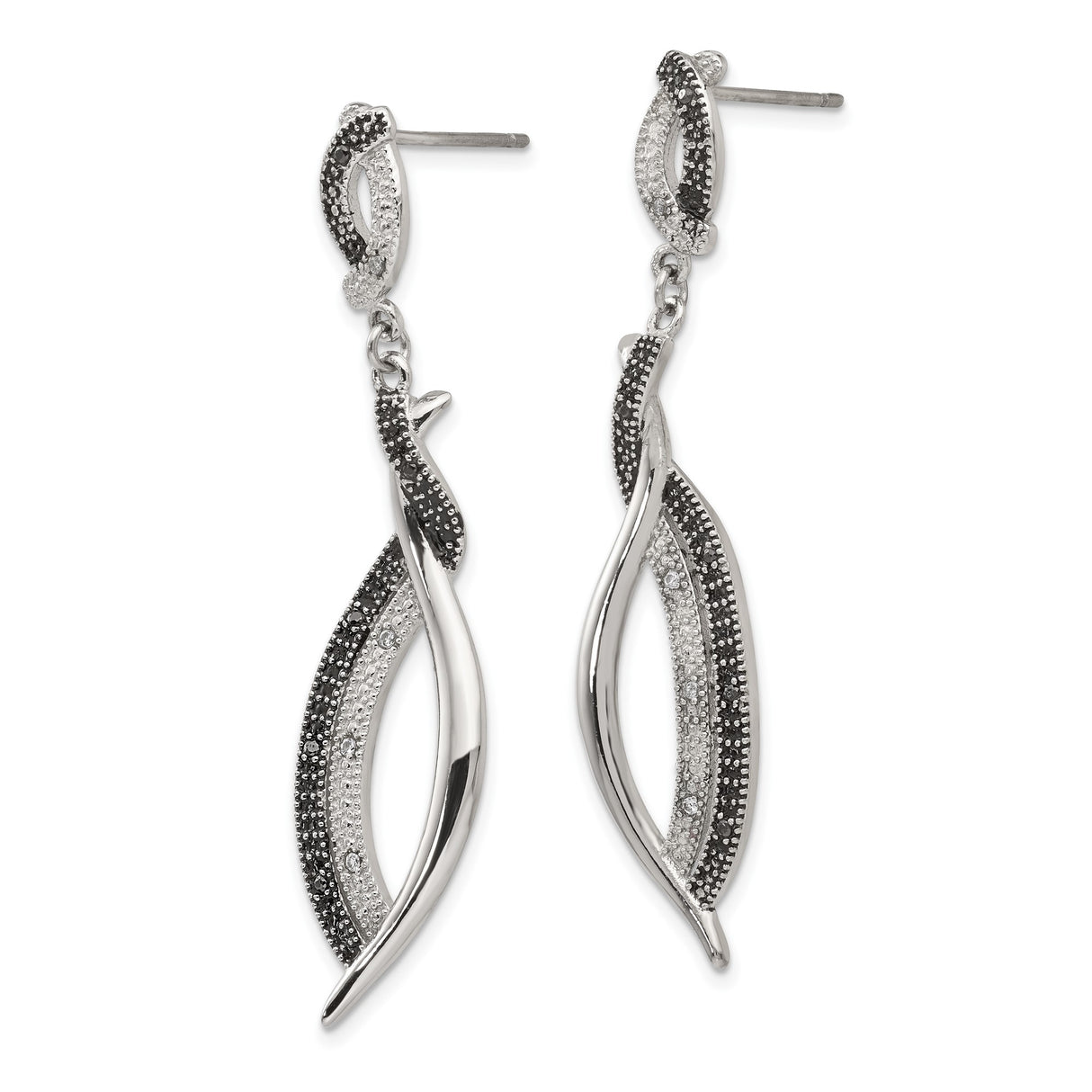 Stainless Steel Dangle Earrings with Cubic Zirconia, Twisted Design, Black and Clear Crystals