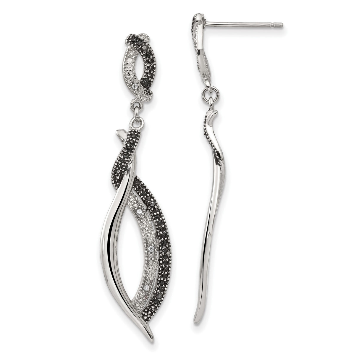 Stainless Steel Dangle Earrings with Cubic Zirconia, Twisted Design, Black and Clear Crystals