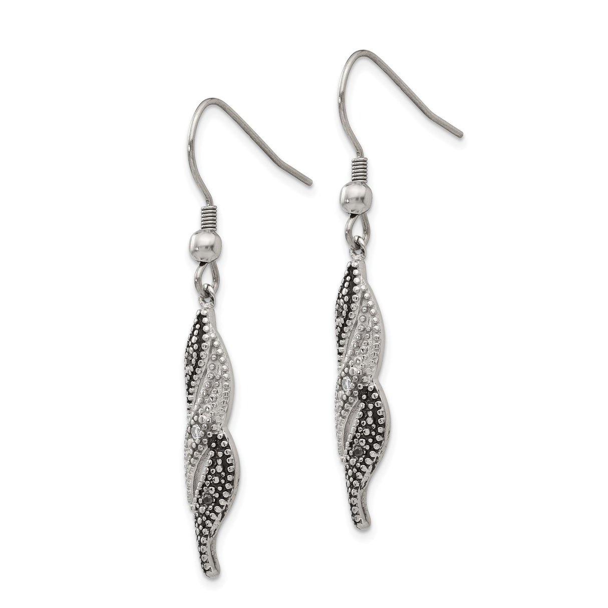 Stainless Steel Dangle Earrings with Cubic Zirconia, Twisted Wave Two-Tone Design