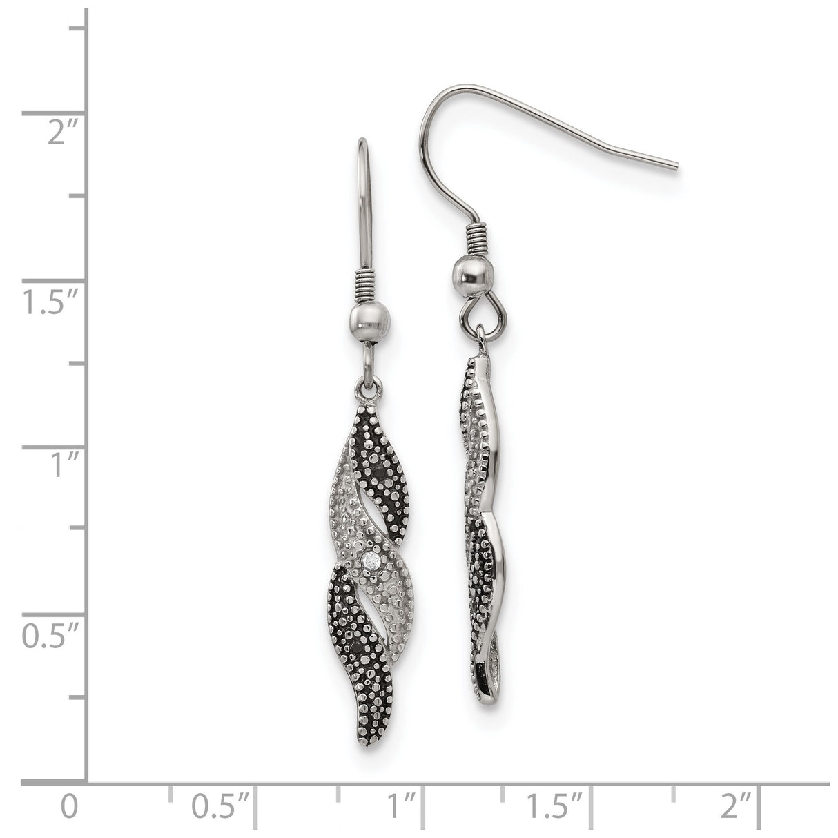 Stainless Steel Dangle Earrings with Cubic Zirconia, Twisted Wave Two-Tone Design