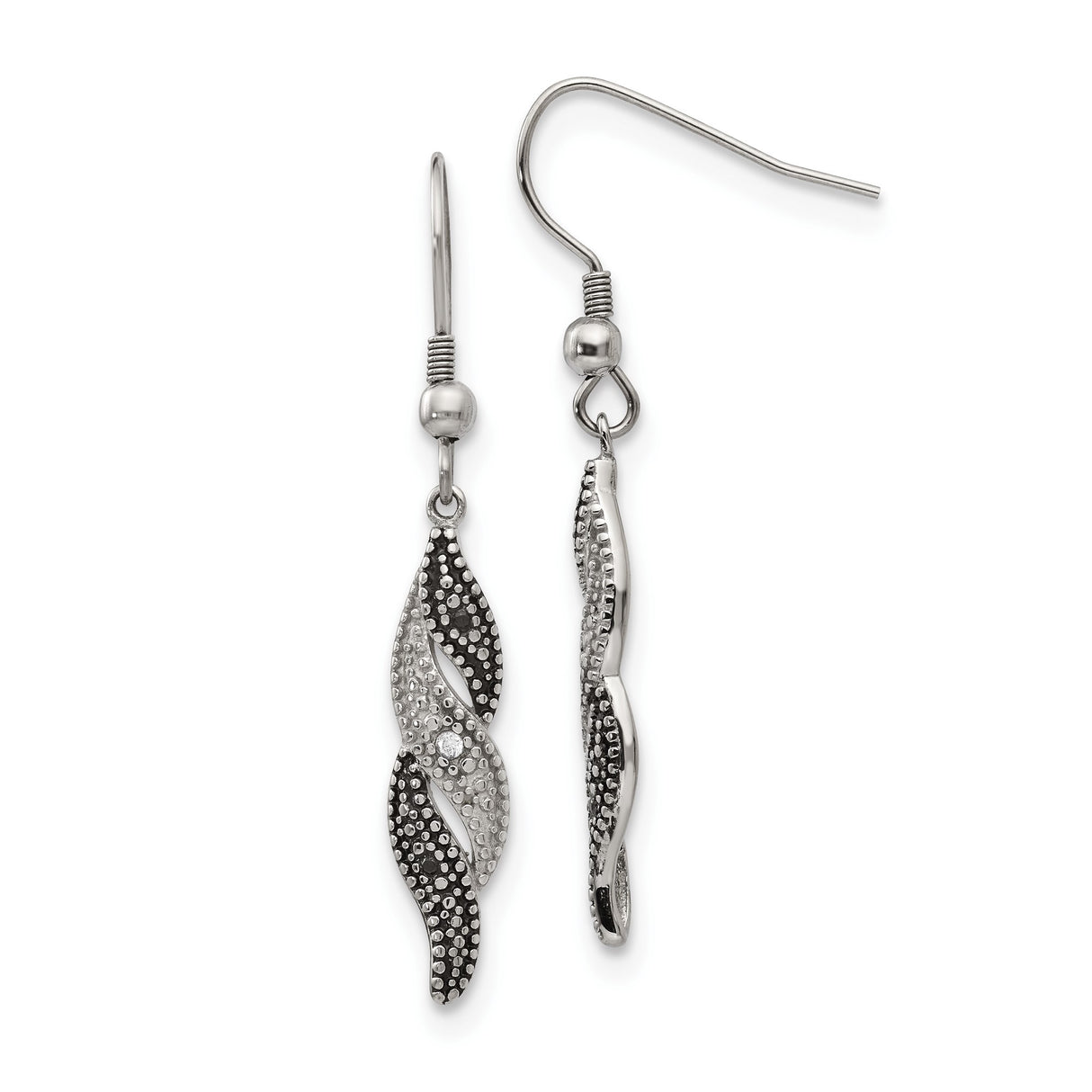 Stainless Steel Dangle Earrings with Cubic Zirconia, Twisted Wave Two-Tone Design