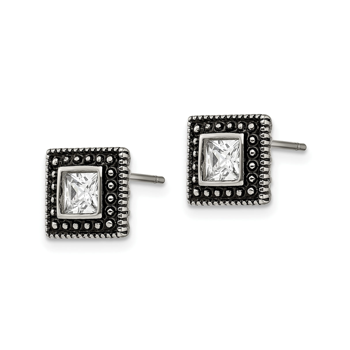 Stainless Steel Stud Earrings with Princess Cut Cubic Zirconia and Beaded Edge Detailing