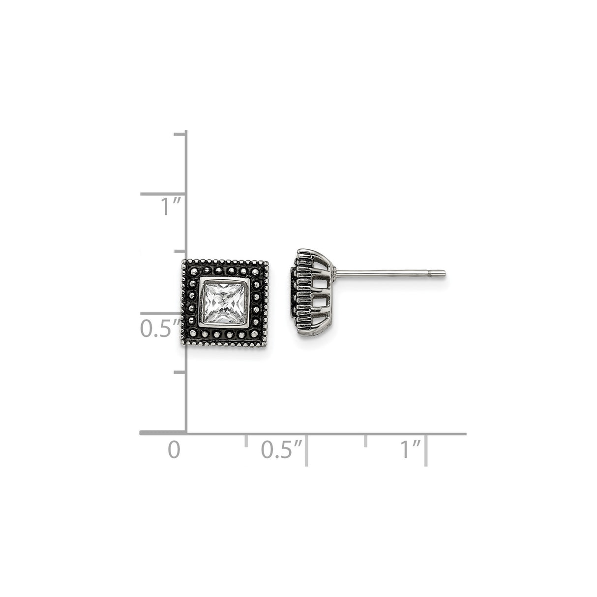 Stainless Steel Stud Earrings with Princess Cut Cubic Zirconia and Beaded Edge Detailing