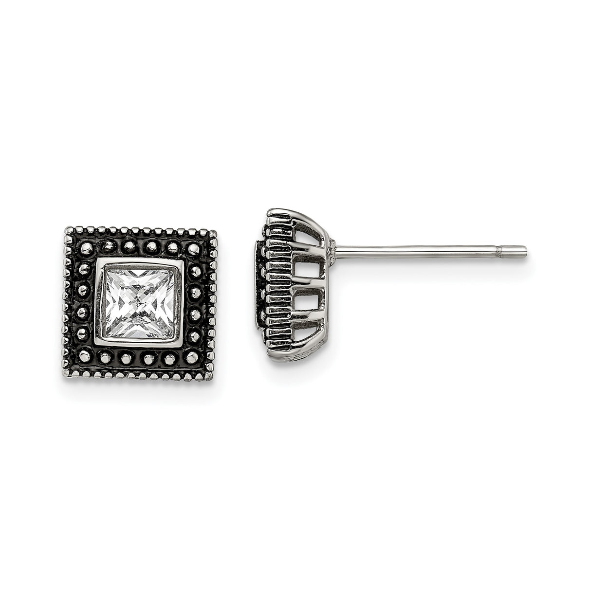 Stainless Steel Stud Earrings with Princess Cut Cubic Zirconia and Beaded Edge Detailing