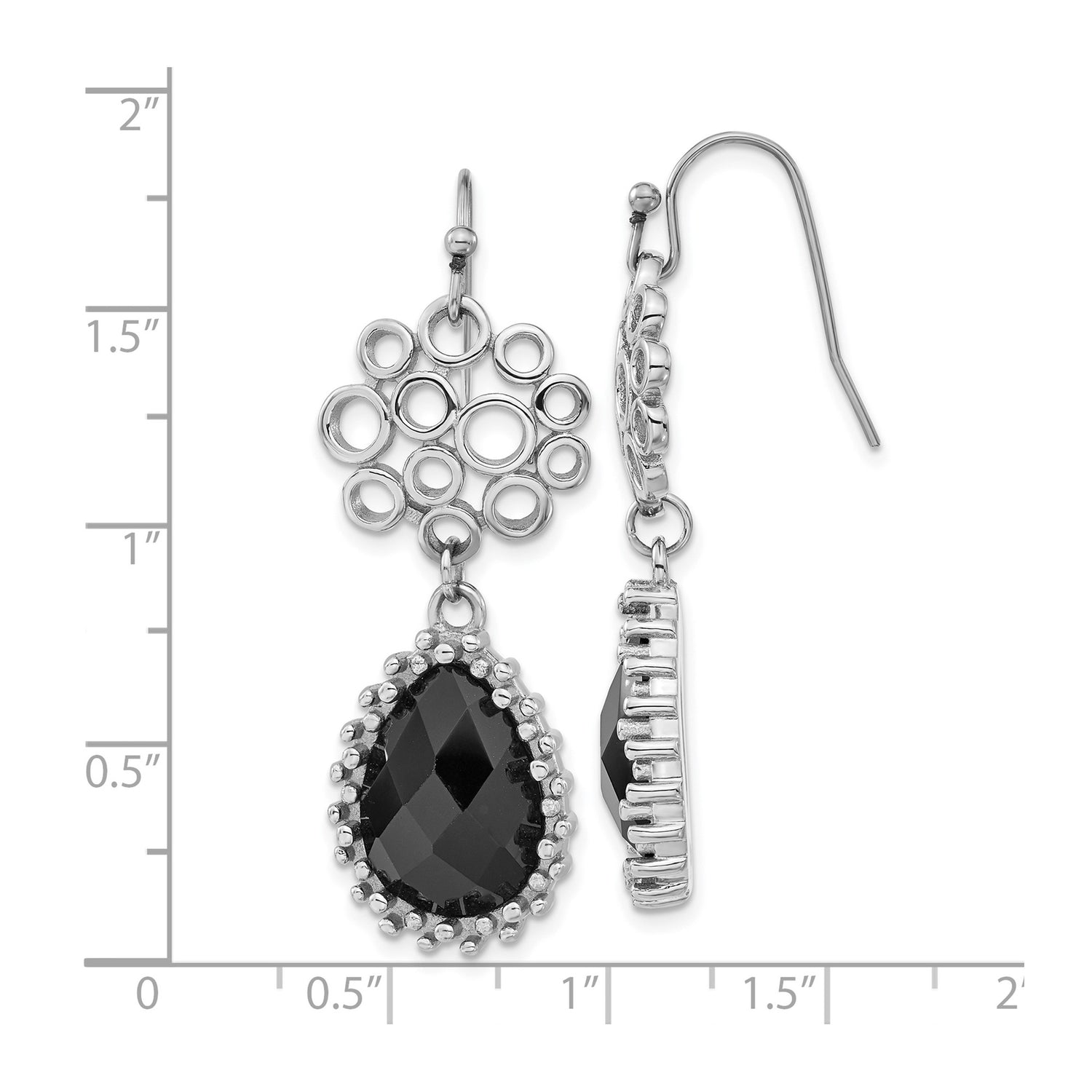 Stainless Steel Dangle Earrings with Onyx Teardrop, Linked Circle Design for Women