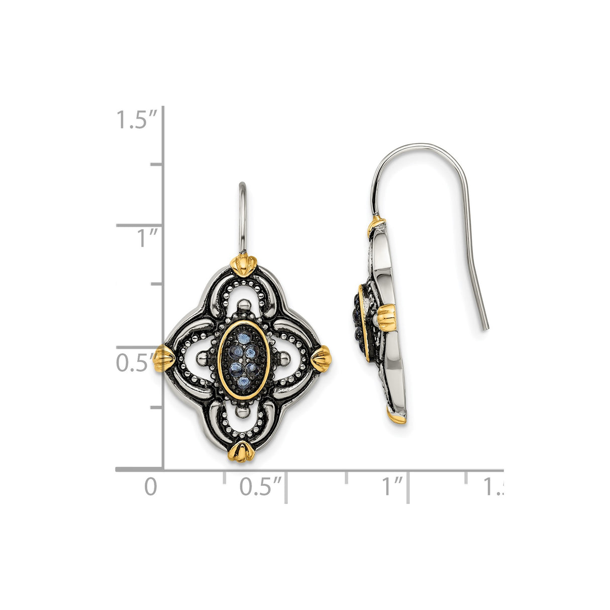 316 Stainless Steel Drop Earrings with Blue Glass Crystal, Black and Gold Floral Design, Vintage Gothic Style