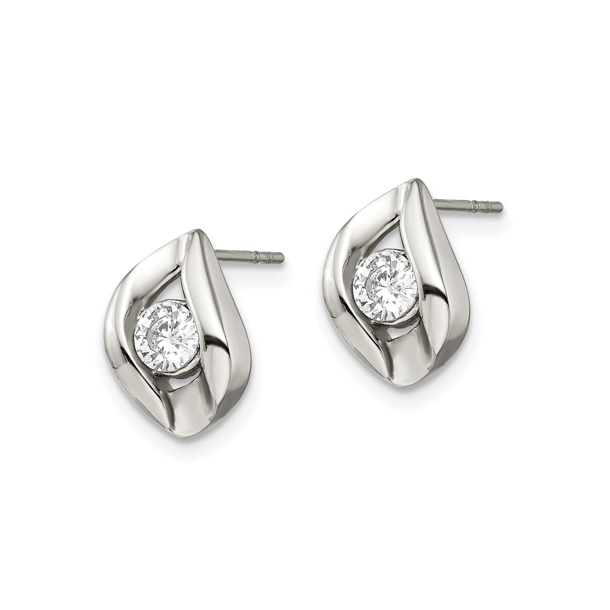 Stainless Steel Stud Earrings with Cubic Zirconia, Curved Minimalist Design, Polished Finish