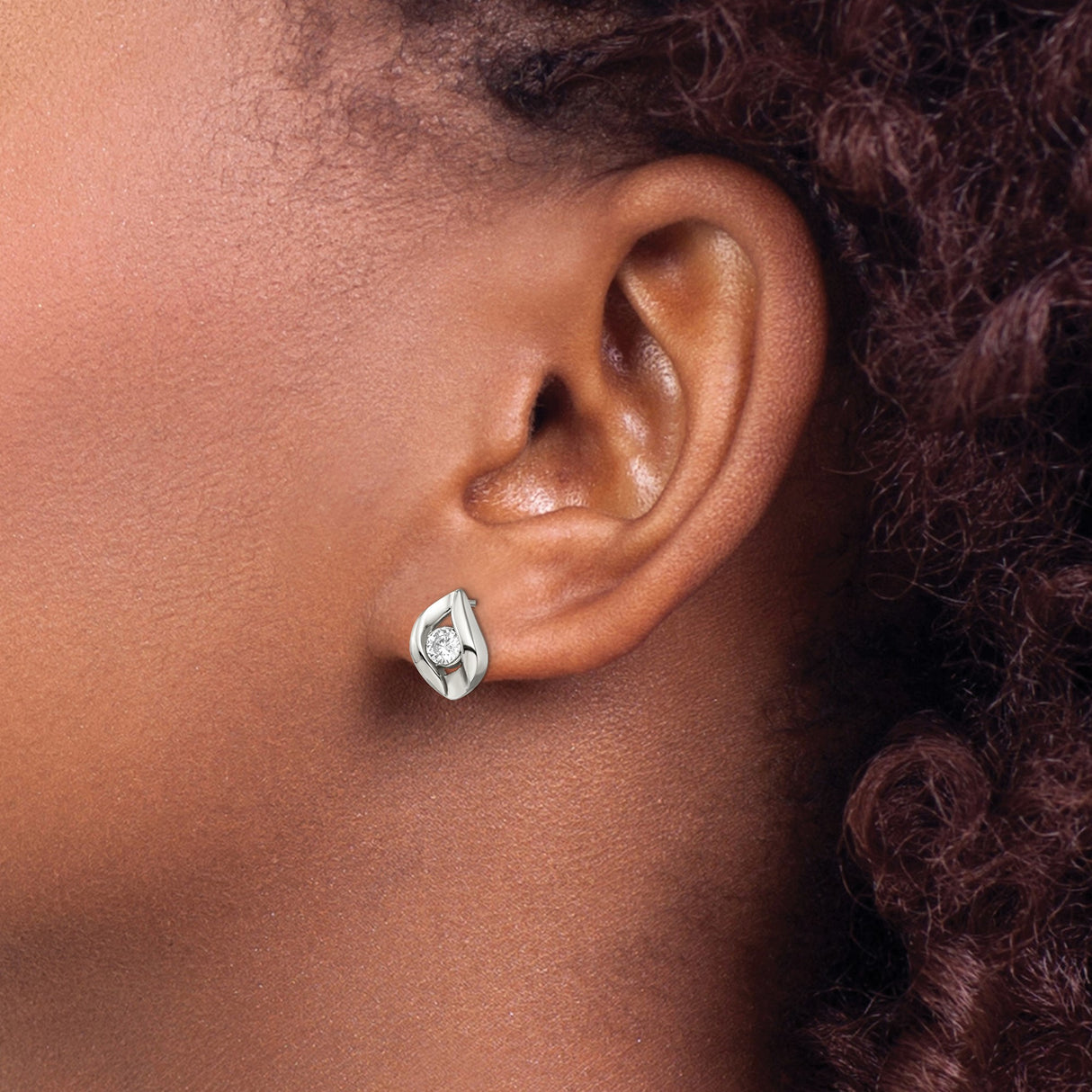 Stainless Steel Stud Earrings with Cubic Zirconia, Curved Minimalist Design, Polished Finish