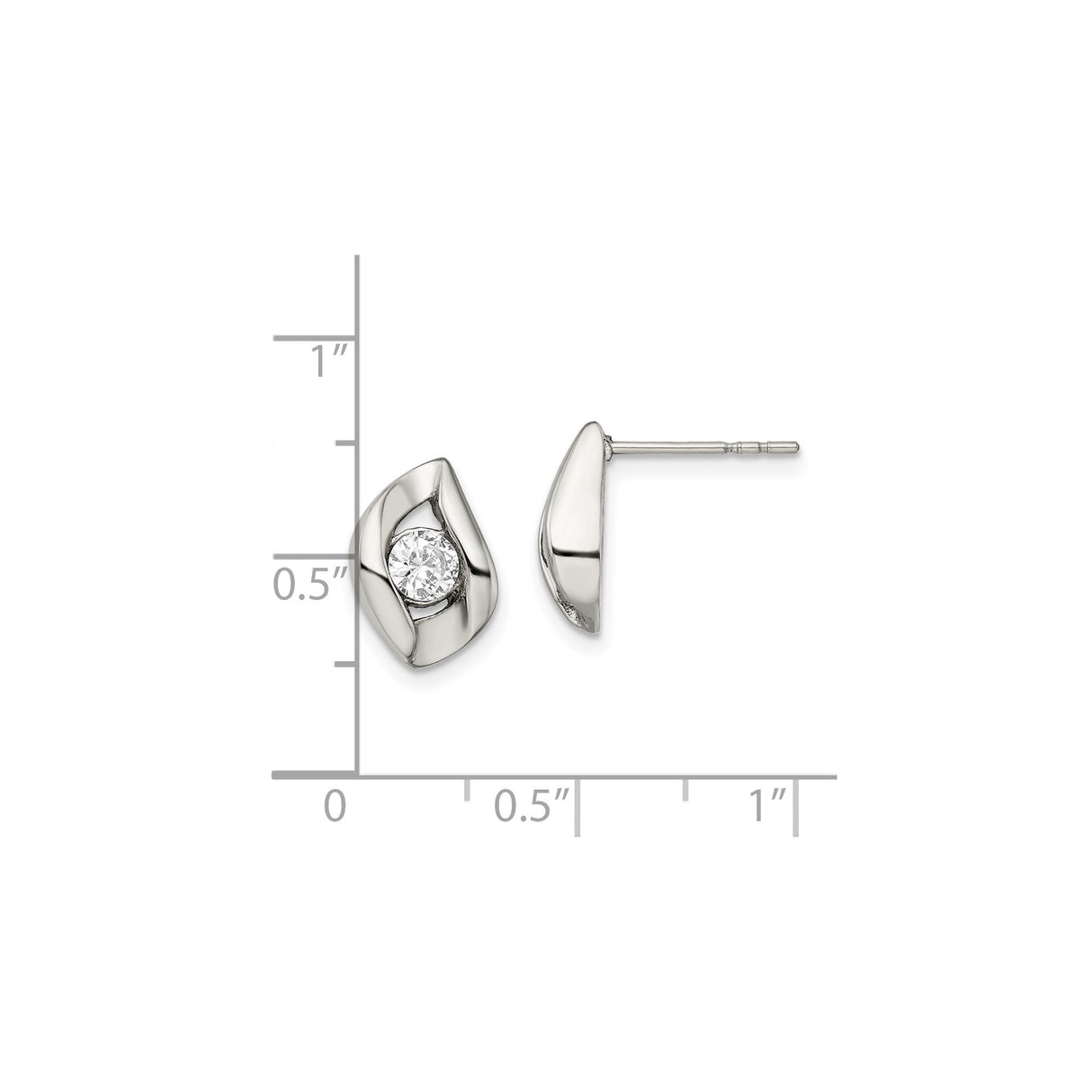 Stainless Steel Stud Earrings with Cubic Zirconia, Curved Minimalist Design, Polished Finish