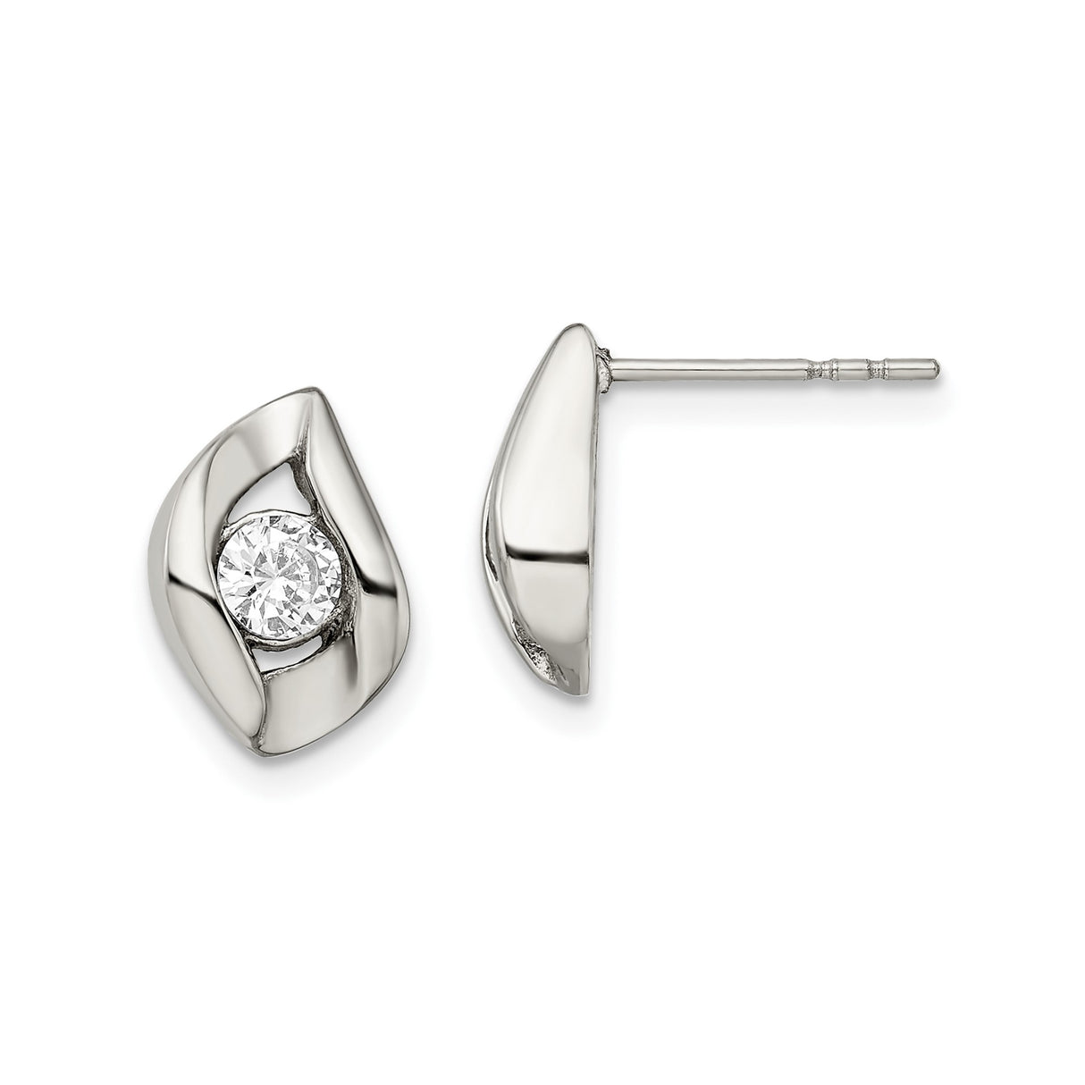 Stainless Steel Stud Earrings with Cubic Zirconia, Curved Minimalist Design, Polished Finish
