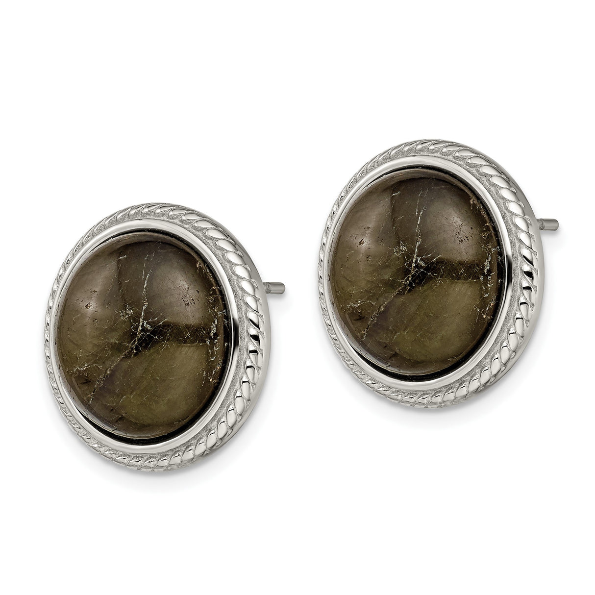 Stainless Steel Stud Earrings with Labradorite Cabochons, Rope Bezel, Minimalist Design
